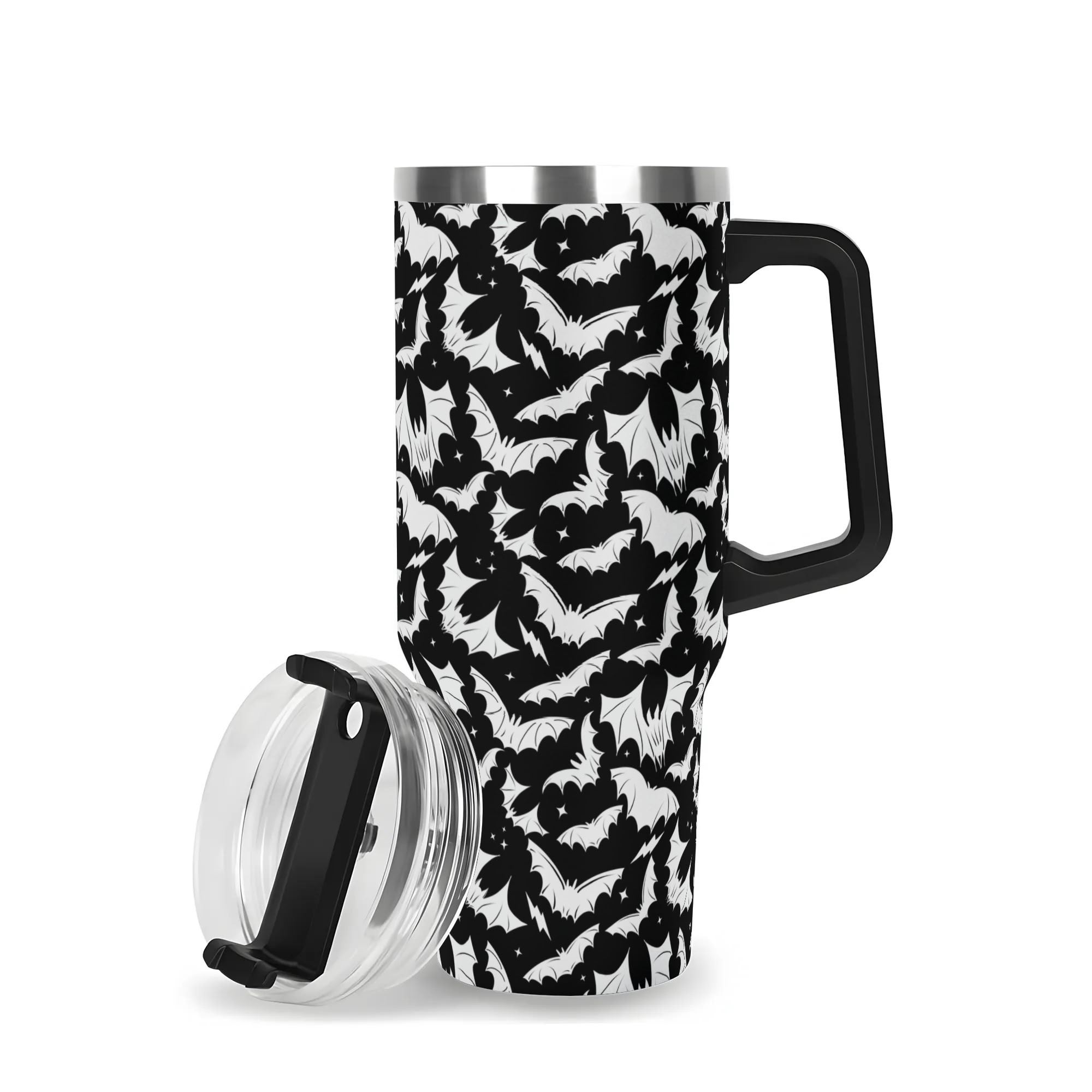 Spooky Season Halloween Gothic Bats Pattern 40oz Stainless Steel Tumbler With Black Handle and Straw