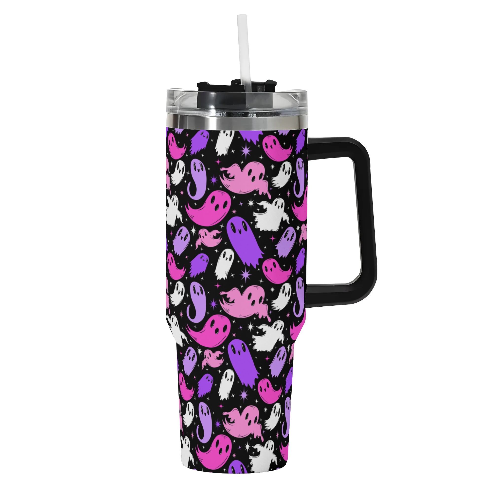 Spooky Season Cute Halloween Pastel Goth Ghosties Pattern 40oz Stainless Steel Tumbler With Black Handle and Straw