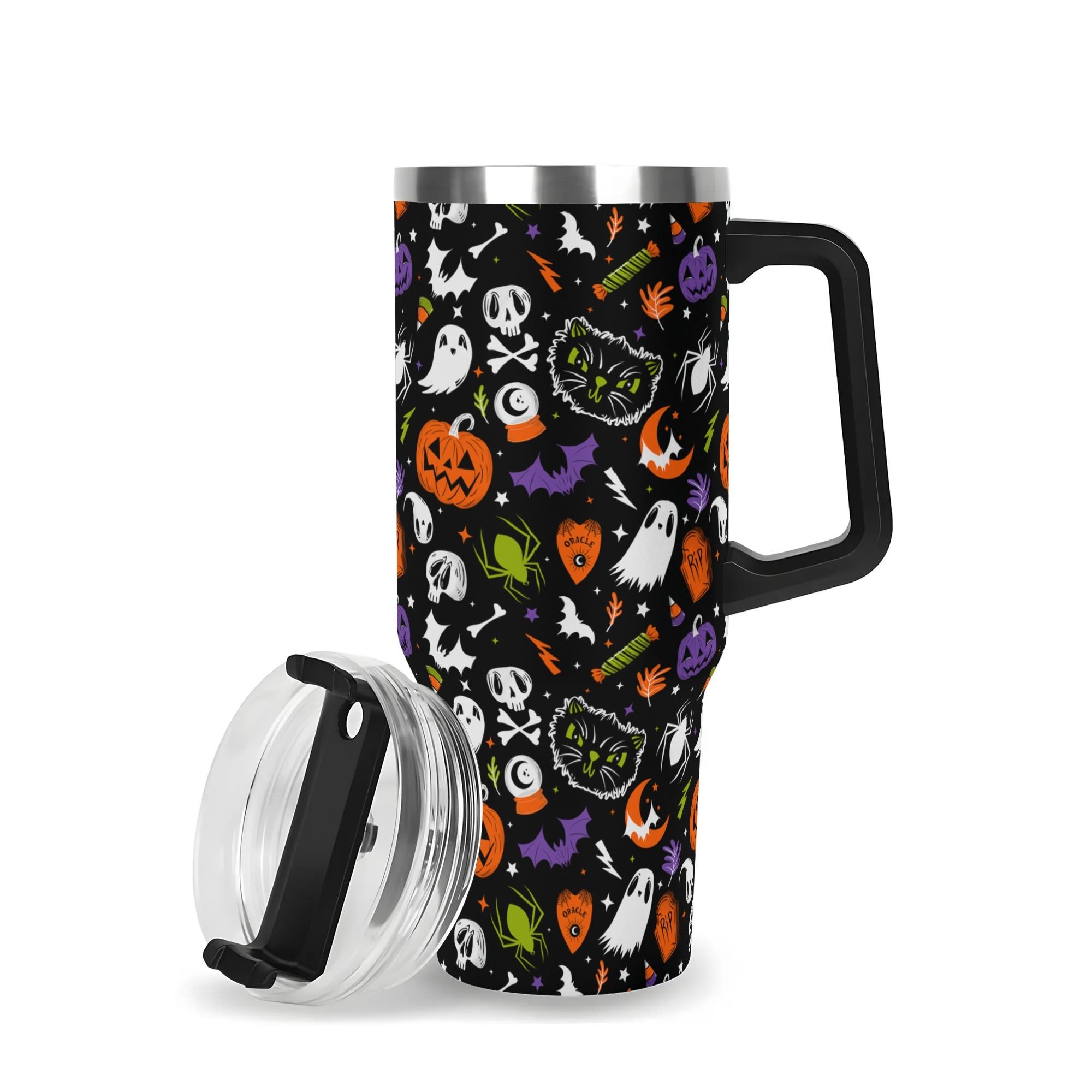 Spooky Season Cute Halloween Skull Ghost Jack-O-Lantern Black Cat Pattern 40oz Stainless Steel Tumbler With Black Handle and Straw