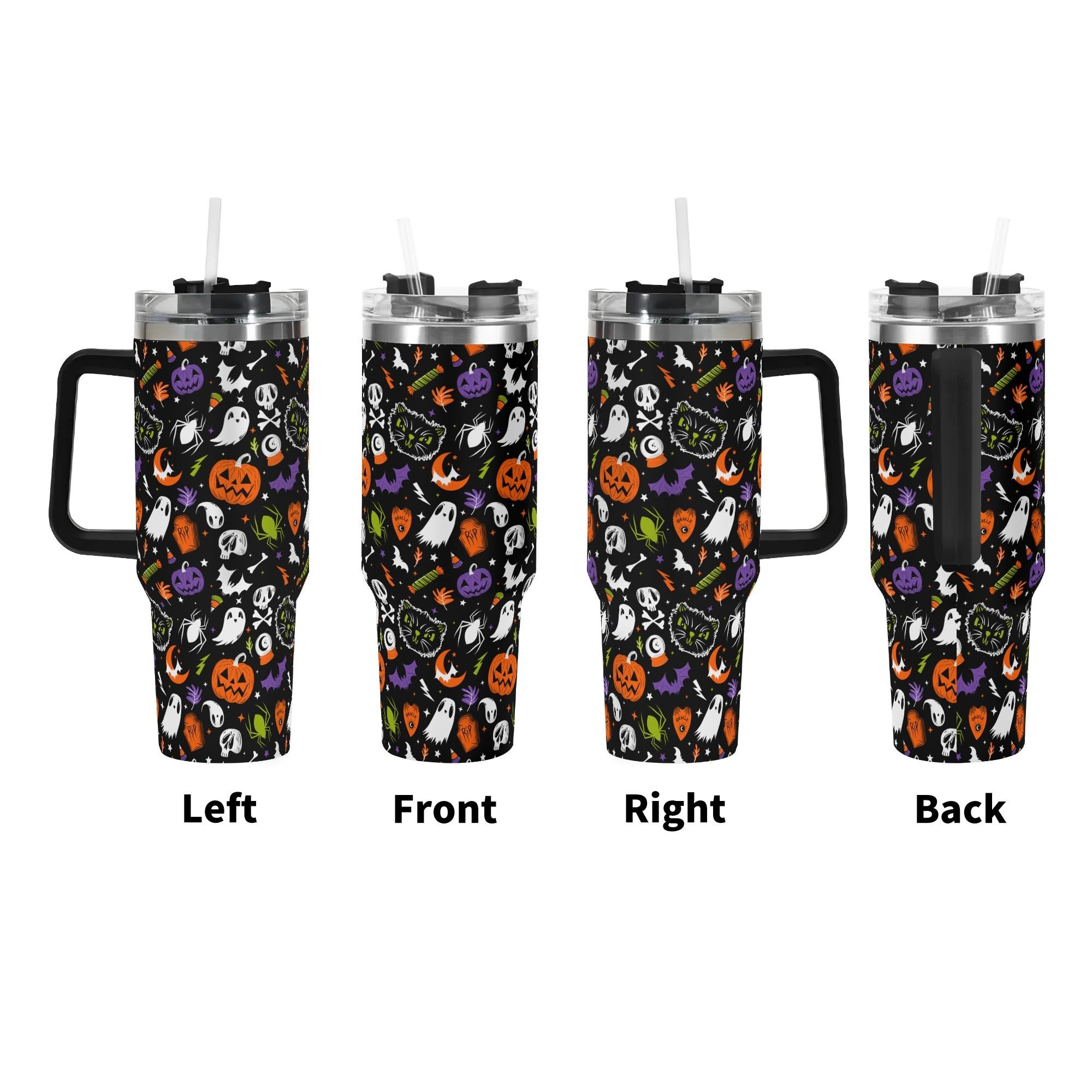 Spooky Season Cute Halloween Skull Ghost Jack-O-Lantern Black Cat Pattern 40oz Stainless Steel Tumbler With Black Handle and Straw