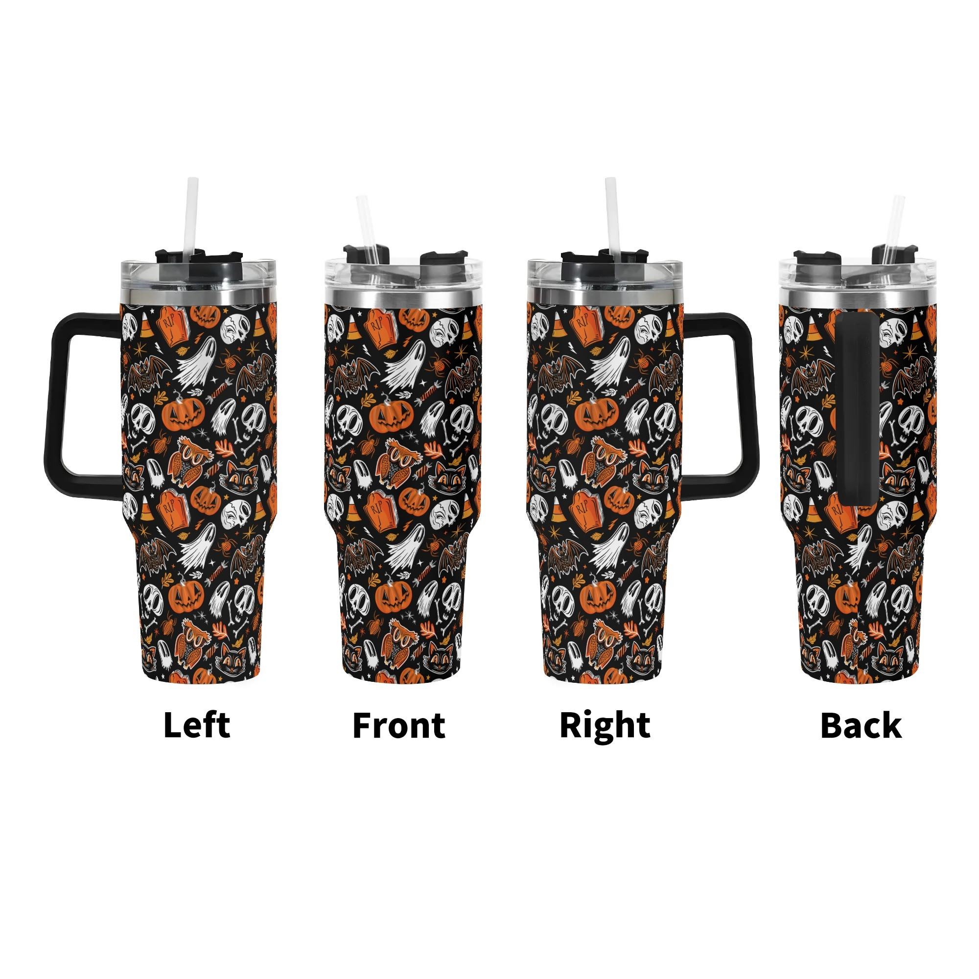 Spooky Season Cute Halloween Skull Ghost Jack-O-Lantern Pattern 40oz Stainless Steel Tumbler With Black Handle and Straw