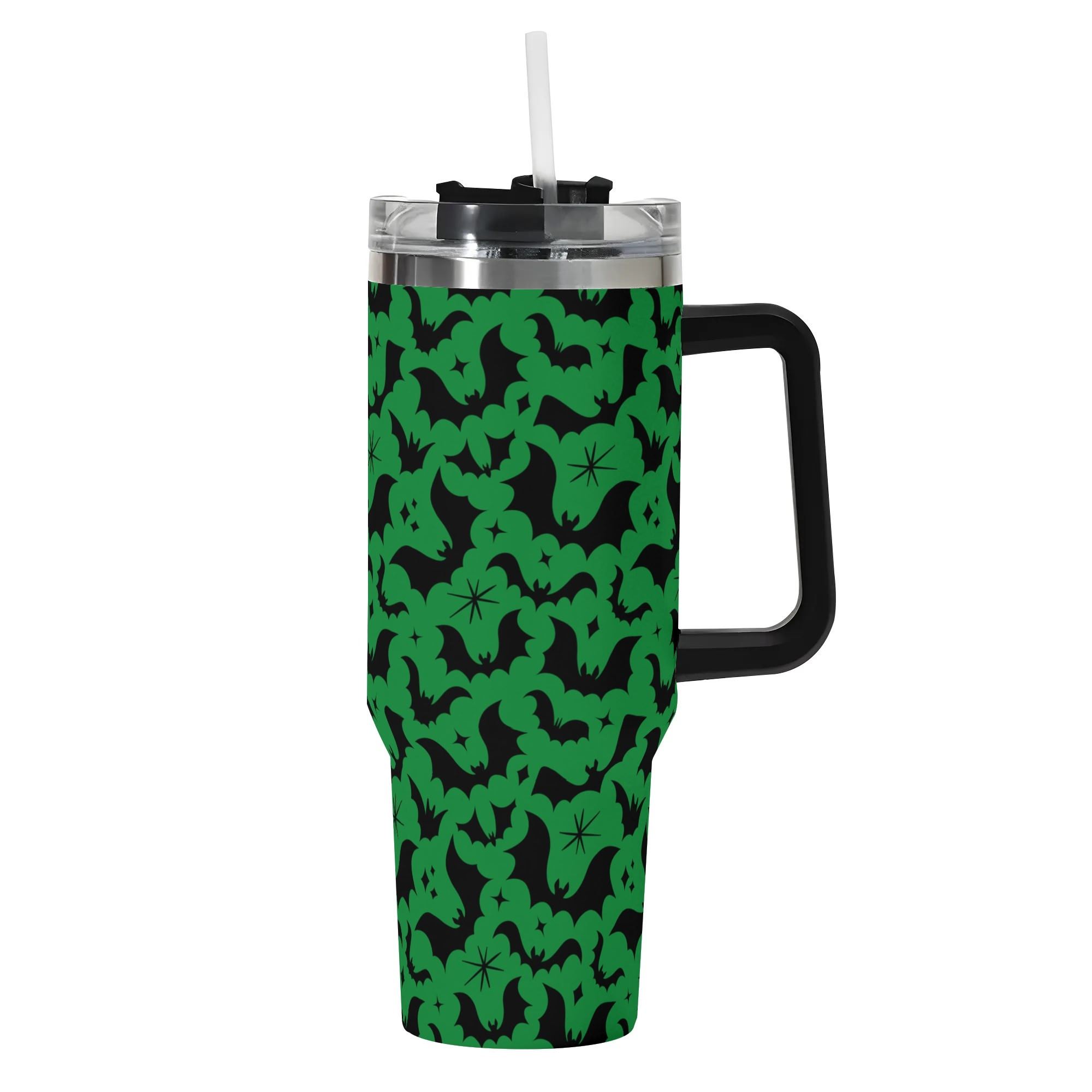 Spooky Season Halloween Gothic Bats Pattern 40oz Stainless Steel Tumbler With Black Handle and Straw