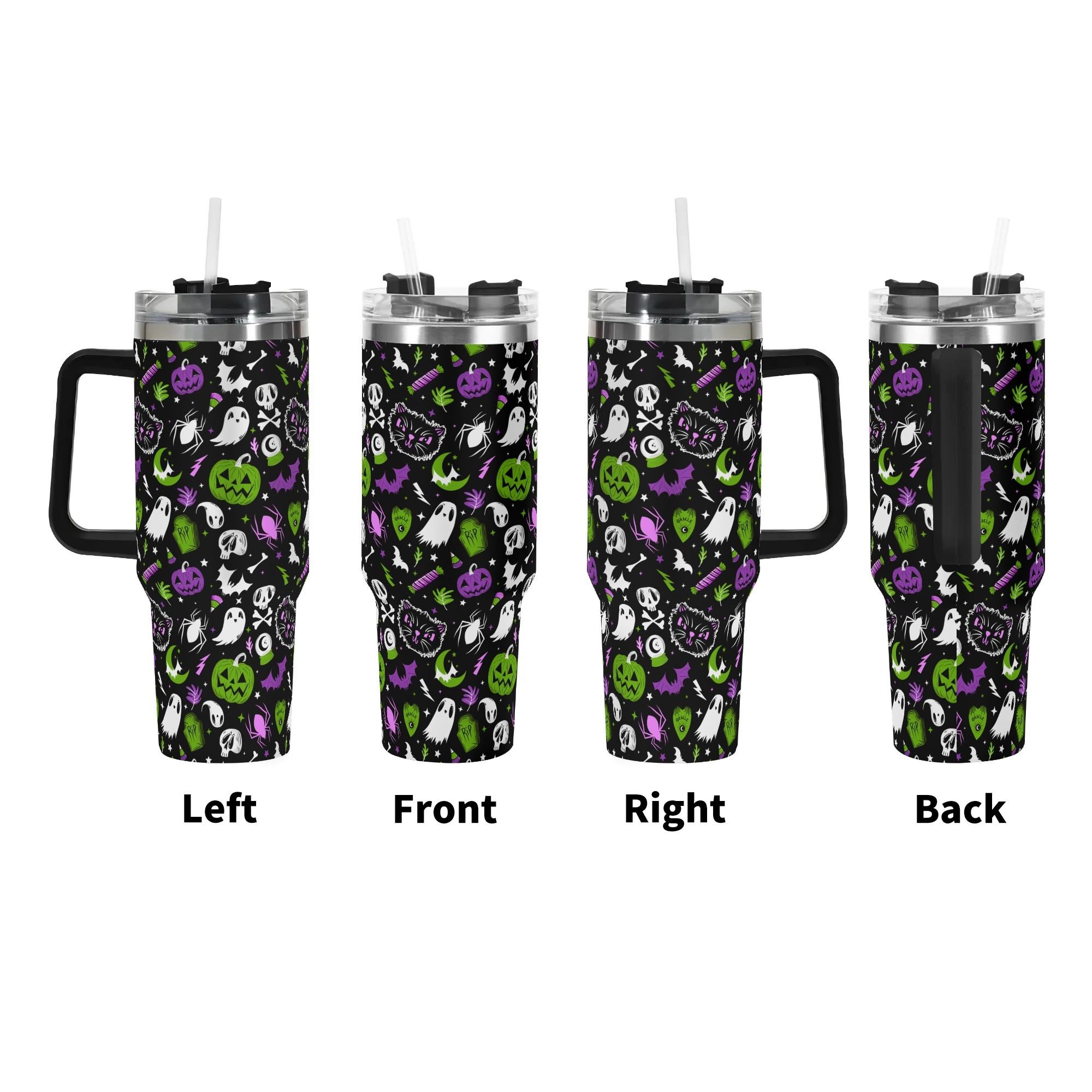 Spooky Season Cute Halloween Skull Ghost Jack-O-Lantern Black Cat Pattern 40oz Stainless Steel Tumbler With Black Handle and Straw