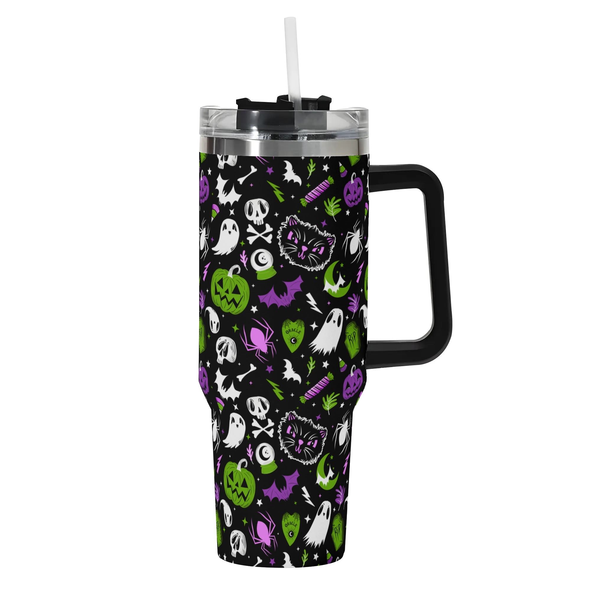 Spooky Season Cute Halloween Skull Ghost Jack-O-Lantern Black Cat Pattern 40oz Stainless Steel Tumbler With Black Handle and Straw
