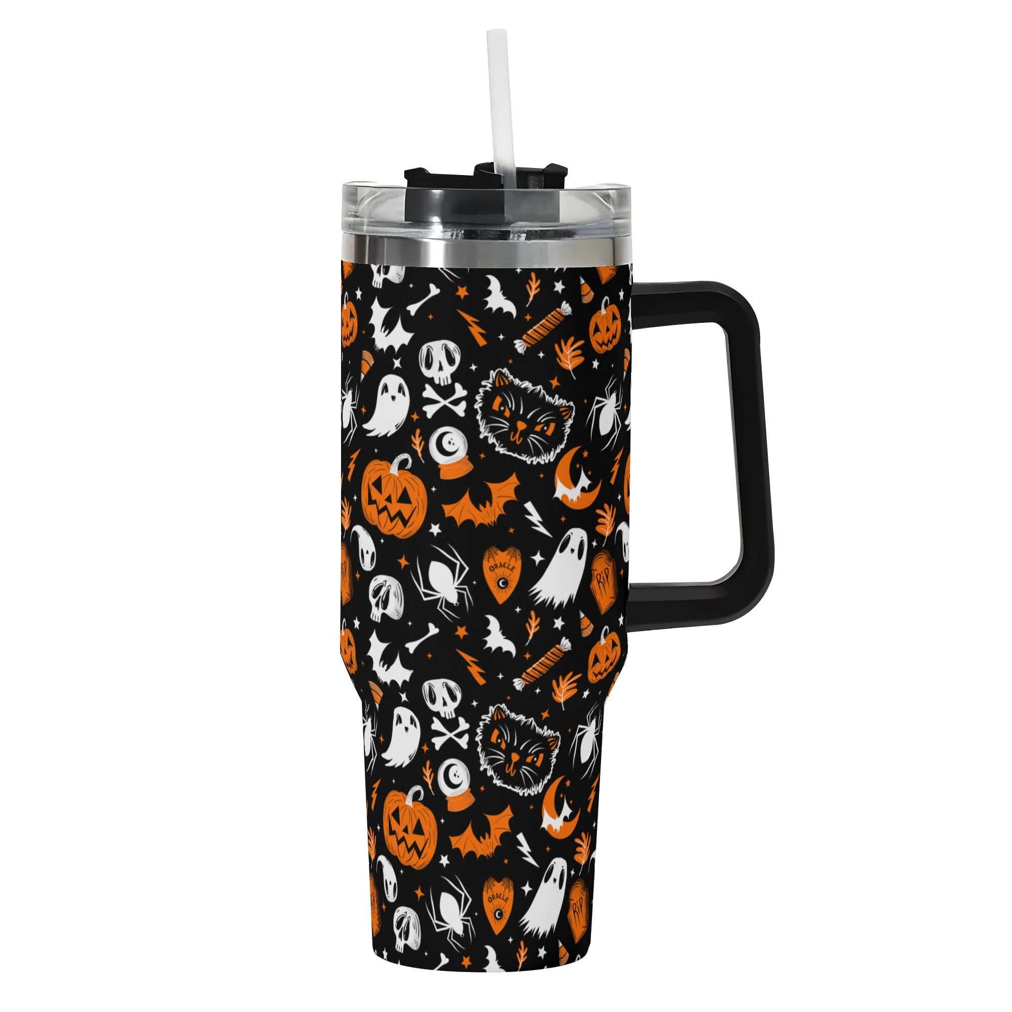 Spooky Season Cute Halloween Skull Ghost Jack-O-Lantern Black Cat Pattern 40oz Stainless Steel Tumbler With Black Handle and Straw