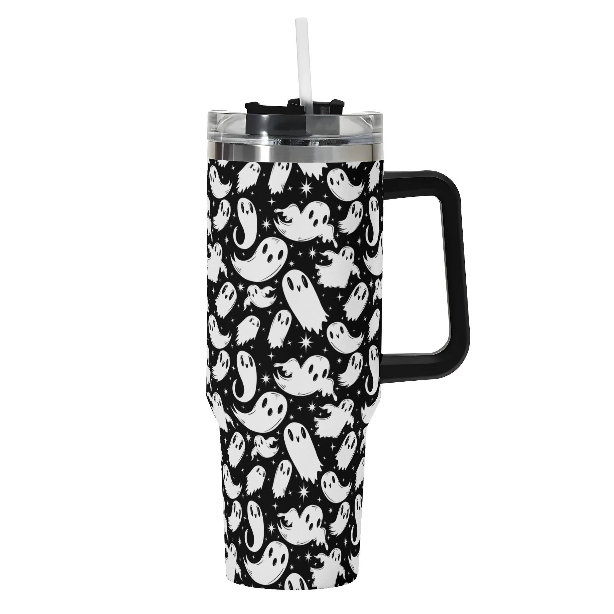 Spooky Season Cute Halloween Ghosties Pattern 40oz Stainless Steel Tumbler With Black Handle and Straw
