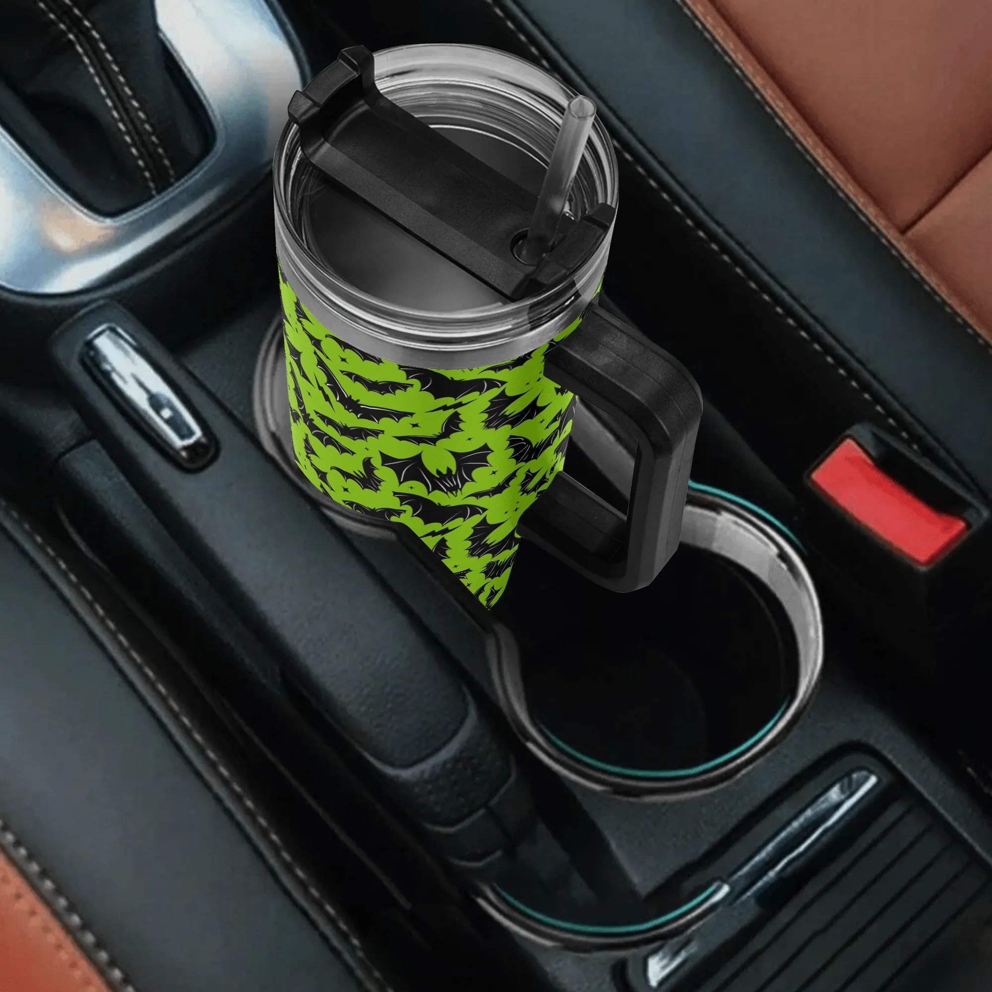 Spooky Season Halloween Gothic Bats Pattern 40oz Stainless Steel Tumbler With Black Handle and Straw