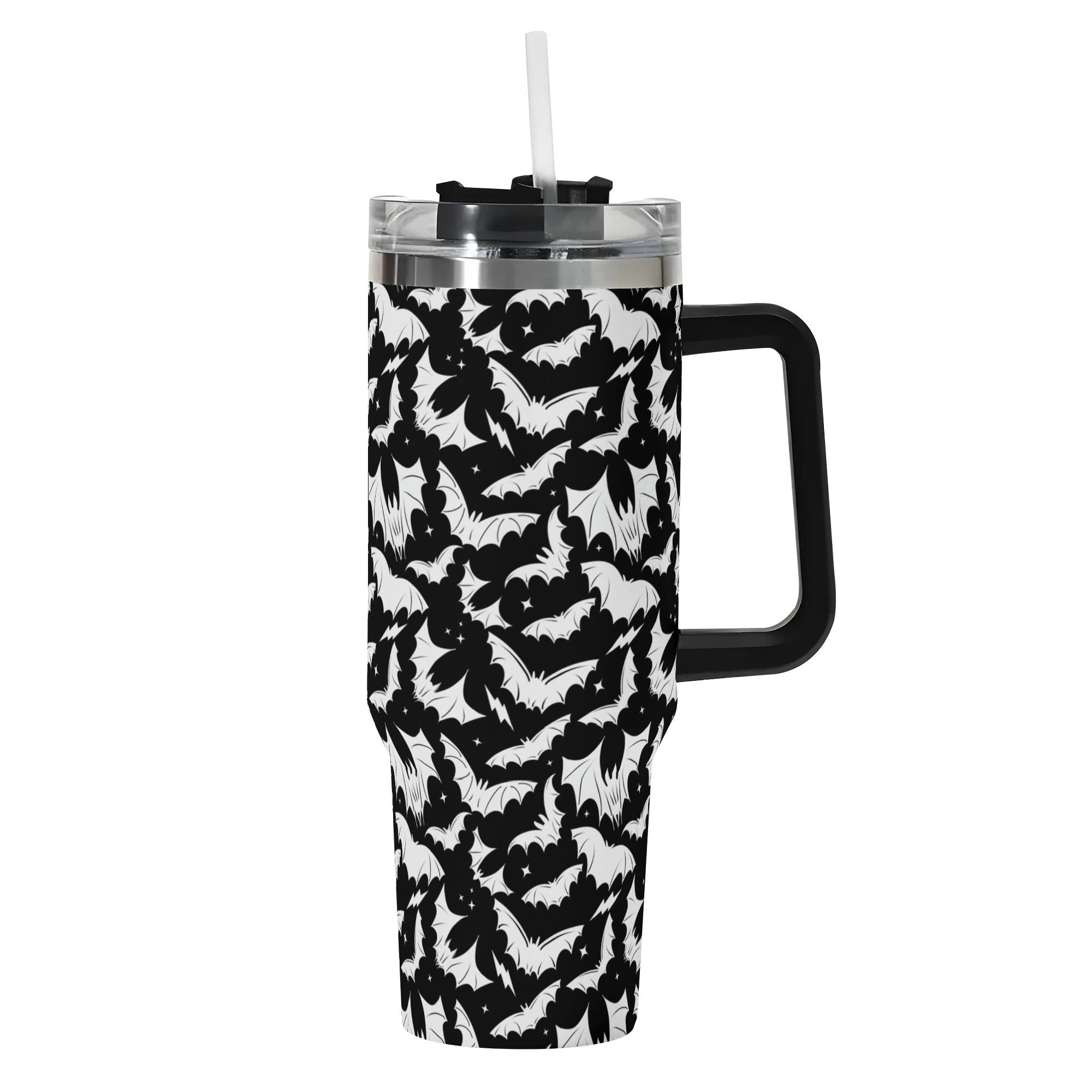 Spooky Season Halloween Gothic Bats Pattern 40oz Stainless Steel Tumbler With Black Handle and Straw
