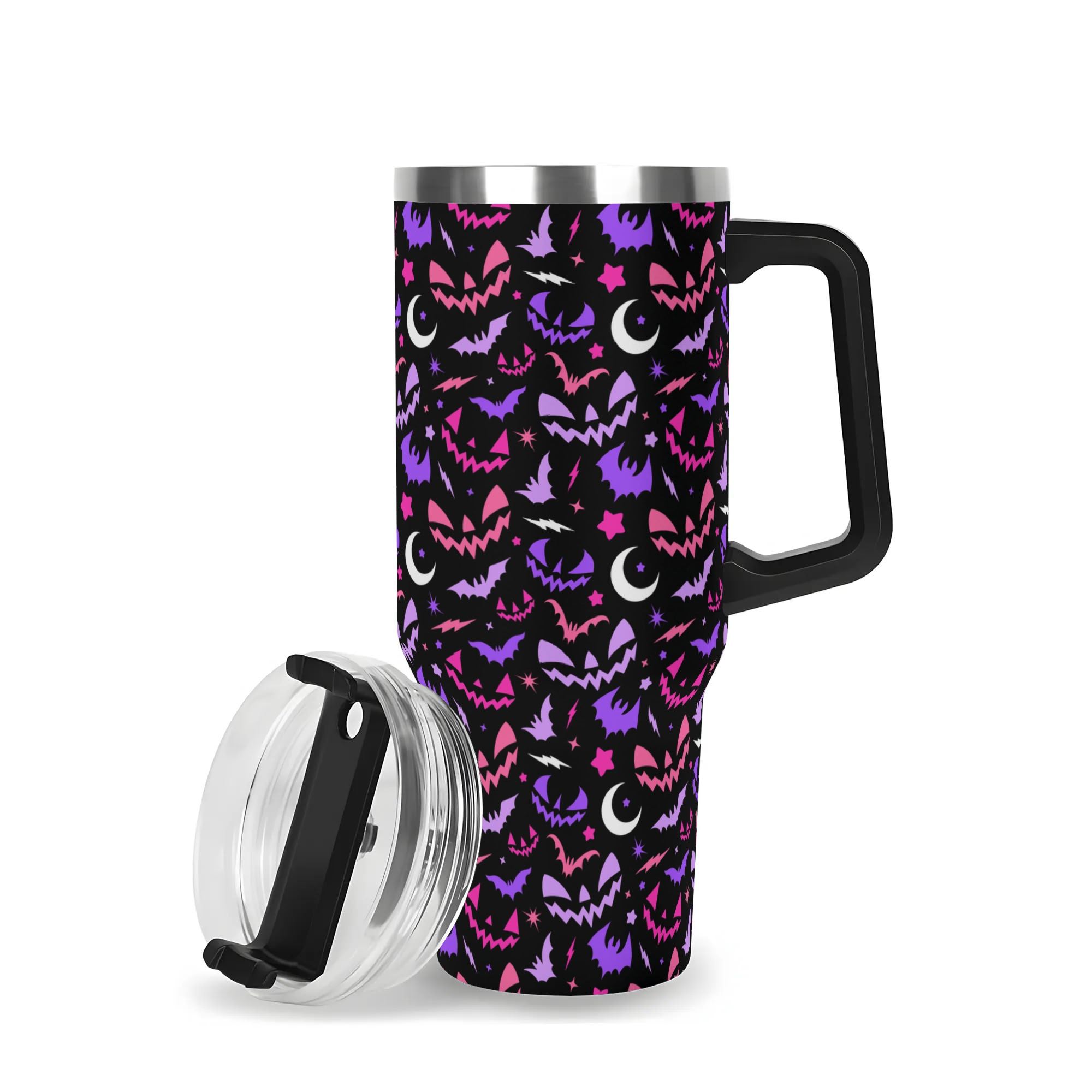 Spooky Season Cute Retro 90's Style Halloween Jack-o-Lantern Face, Bats, Moons Pattern 40oz Stainless Steel Tumbler With Black Handle and Straw