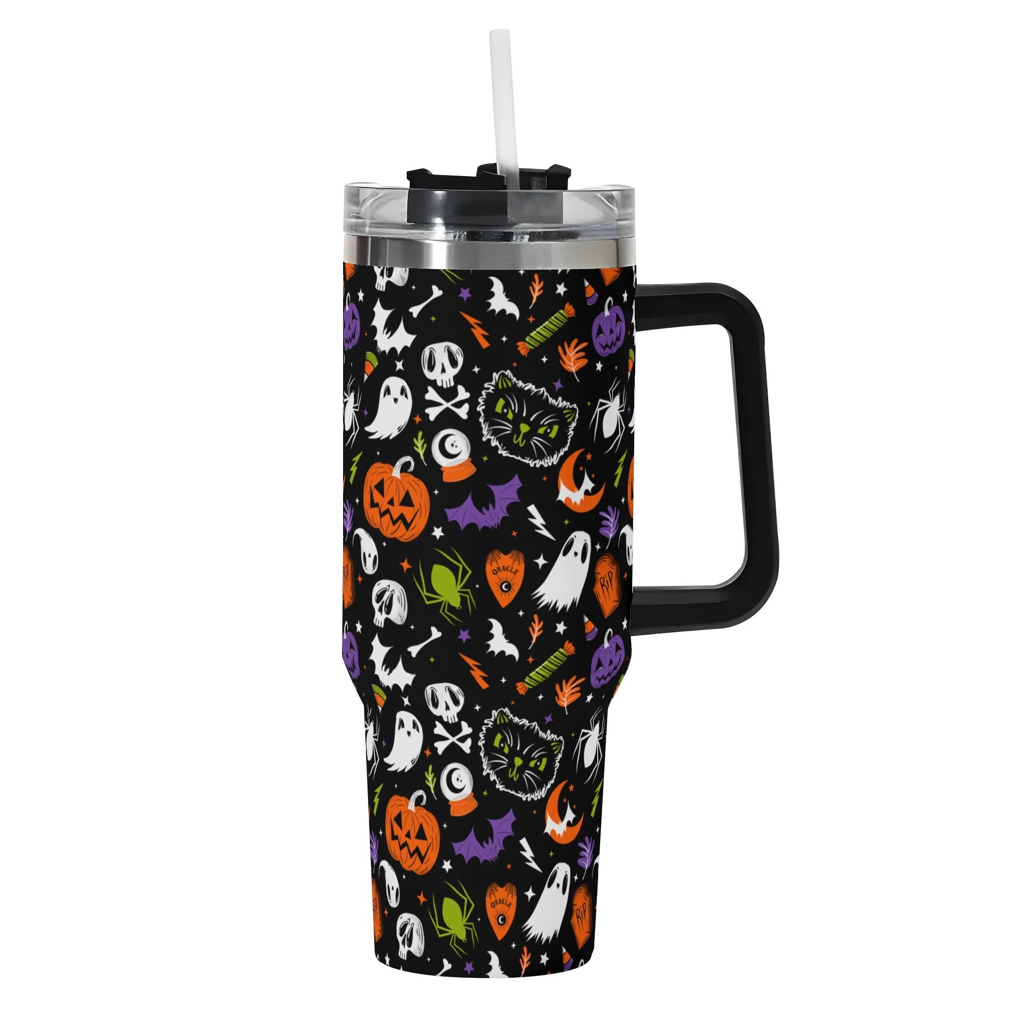 Spooky Season Cute Halloween Skull Ghost Jack-O-Lantern Black Cat Pattern 40oz Stainless Steel Tumbler With Black Handle and Straw