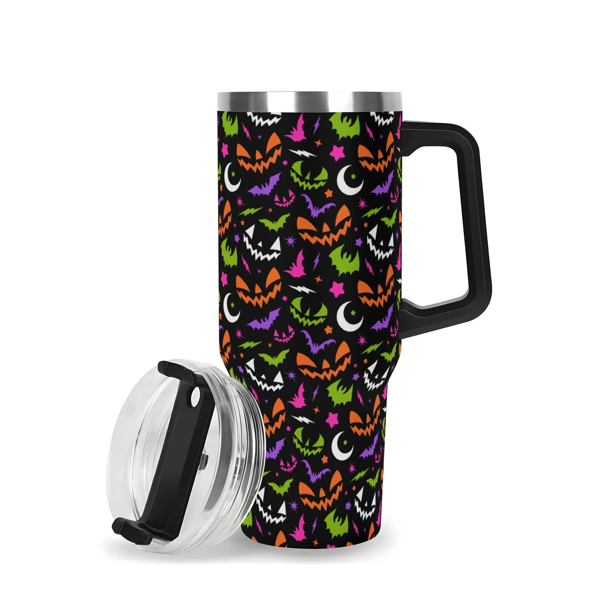 Spooky Season Cute Retro 90's Style Halloween Jack-o-Lantern Face, Bats, Moons Pattern 40oz Stainless Steel Tumbler With Black Handle and Straw