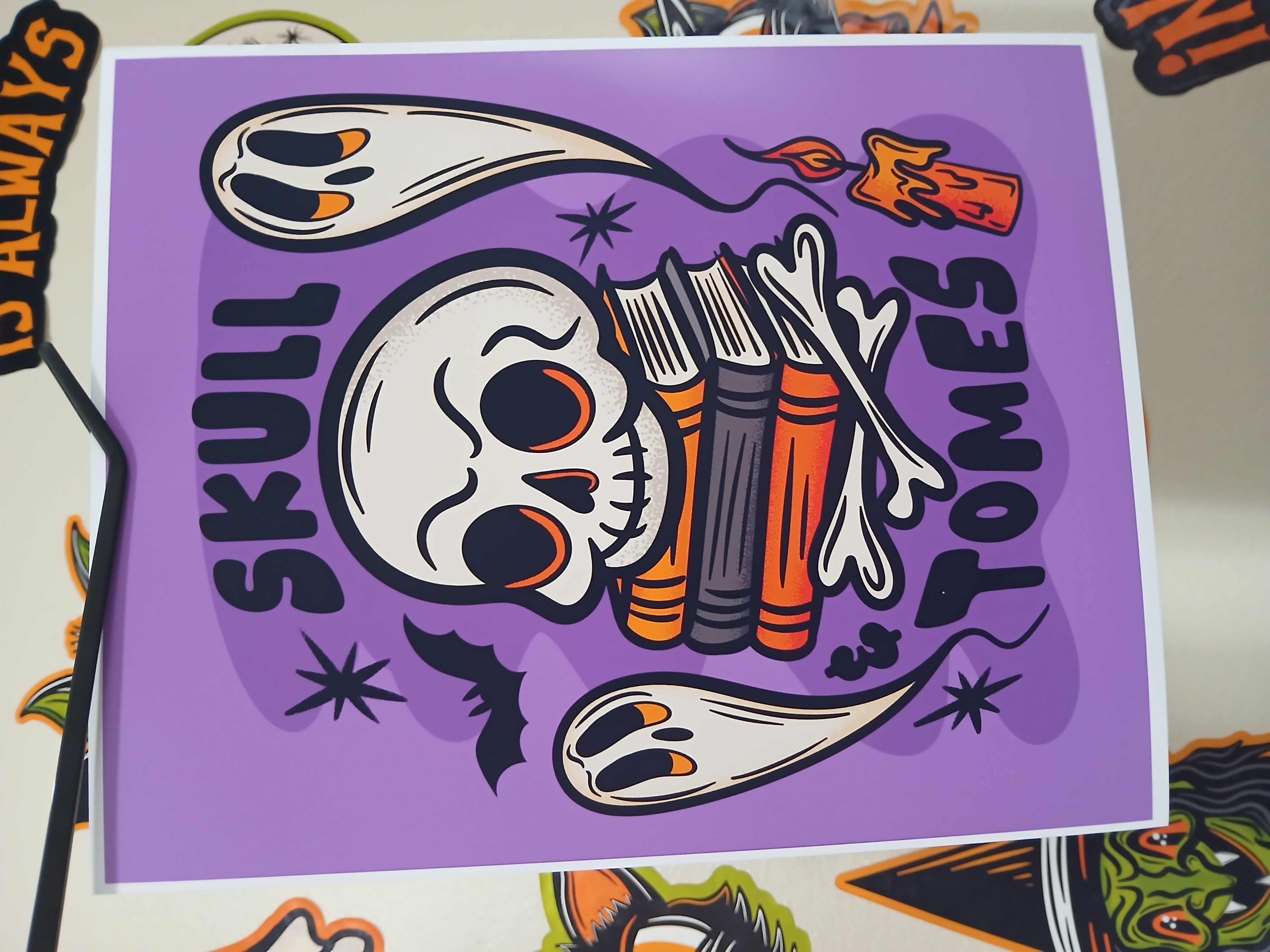 Spooky Bookish Skull Bats Ghosts Halloween Wall Decor Art Print