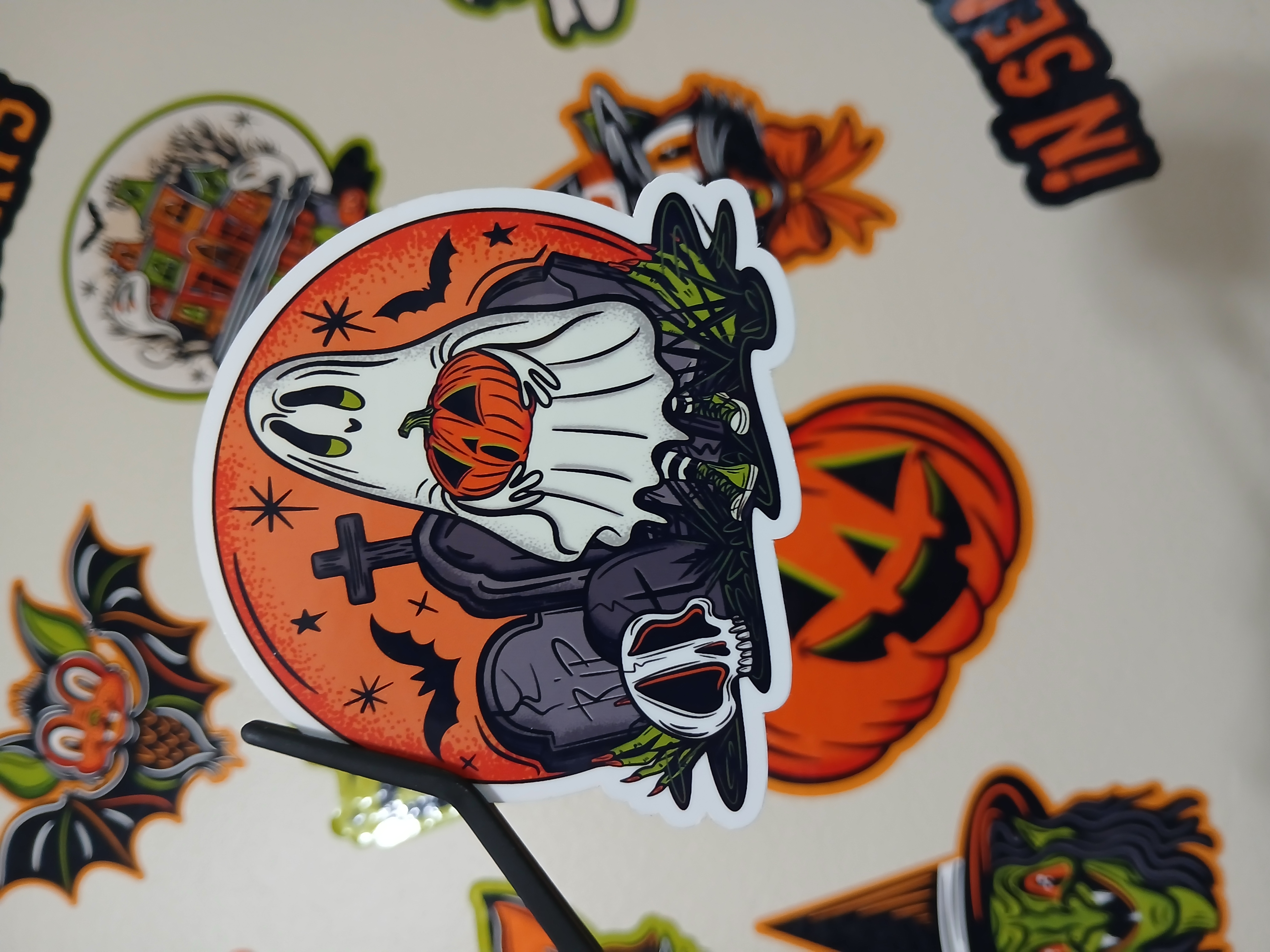 Spooky Cute Halloween Sheet Ghost, Skull, Bats in Cemetery Vinyl Decal Sticker