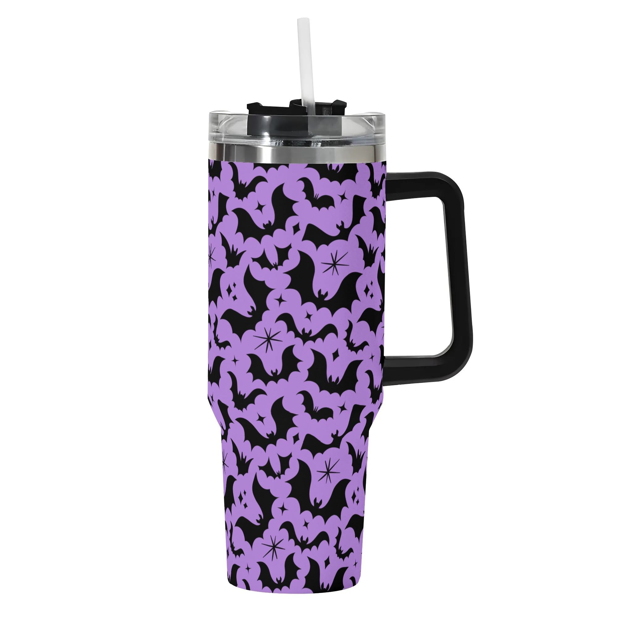 Spooky Season Halloween Gothic Bats Pastel Goth Pattern 40oz Stainless Steel Tumbler With Black Handle and Straw