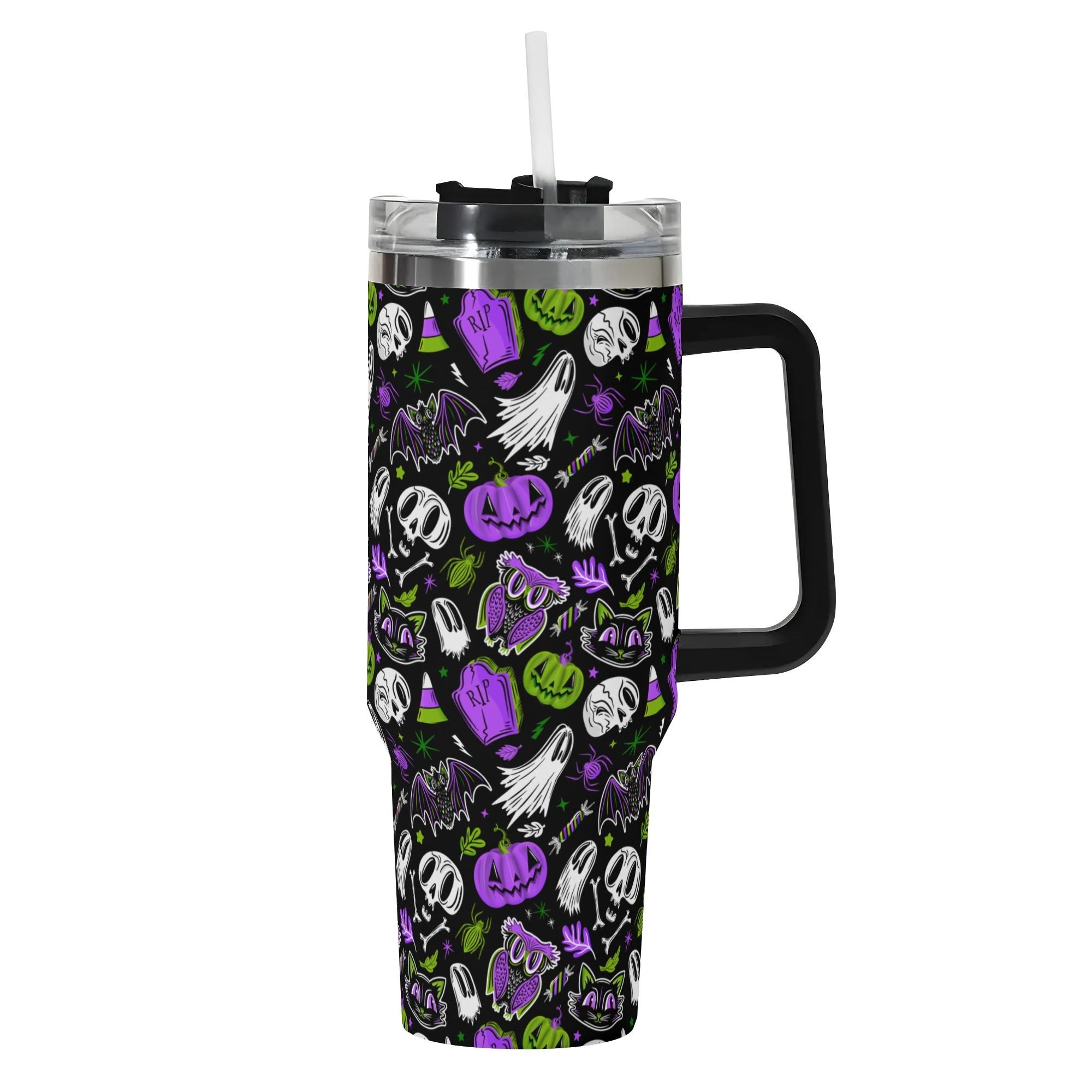 Spooky Season Cute Halloween Skull Ghost Jack-O-Lantern Pattern 40oz Stainless Steel Tumbler With Black Handle and Straw
