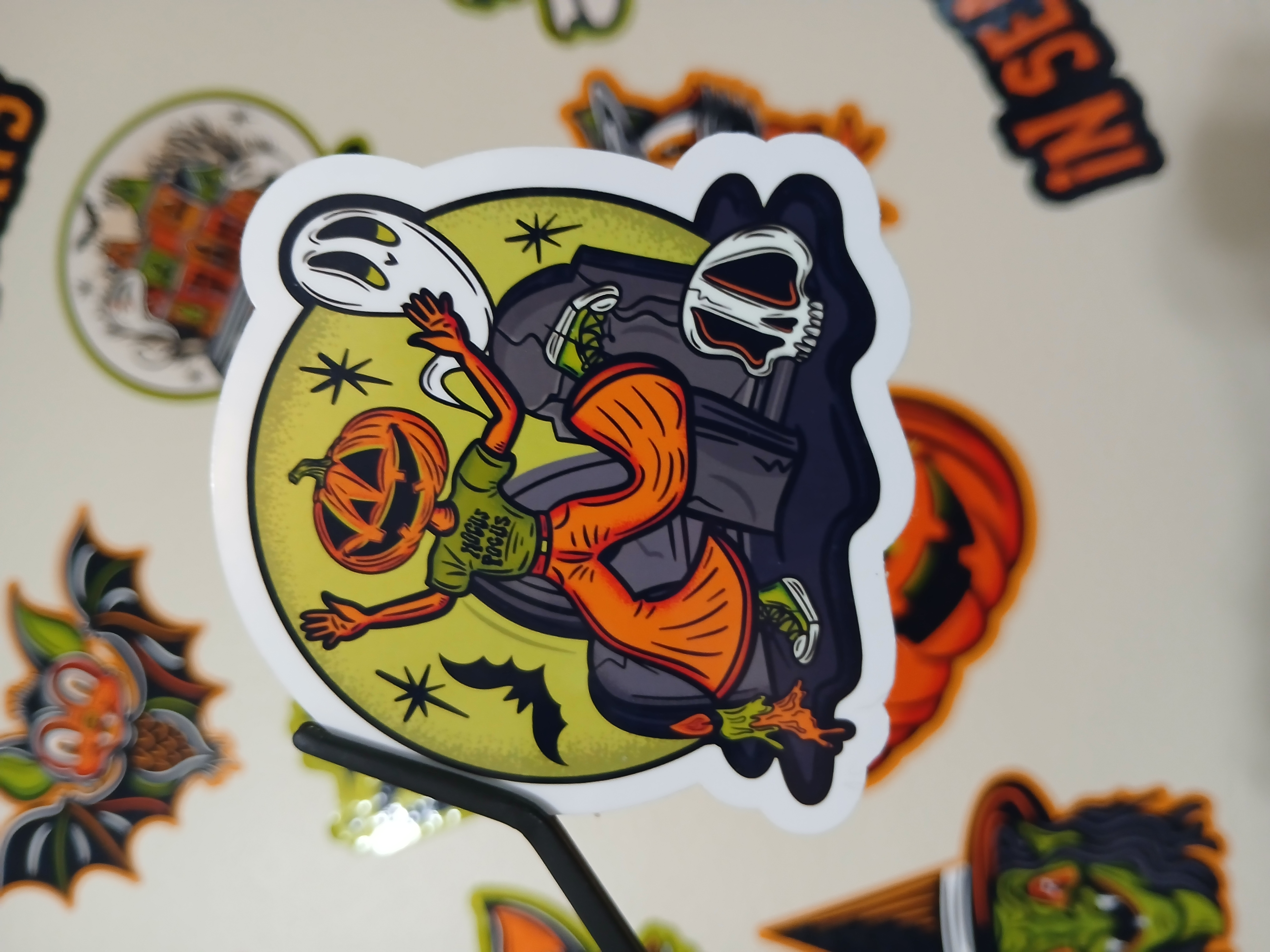 Spooky Cute Halloween Pumpkin Ghoul, Ghost, Bats in Cemetery Vinyl Decal Sticker