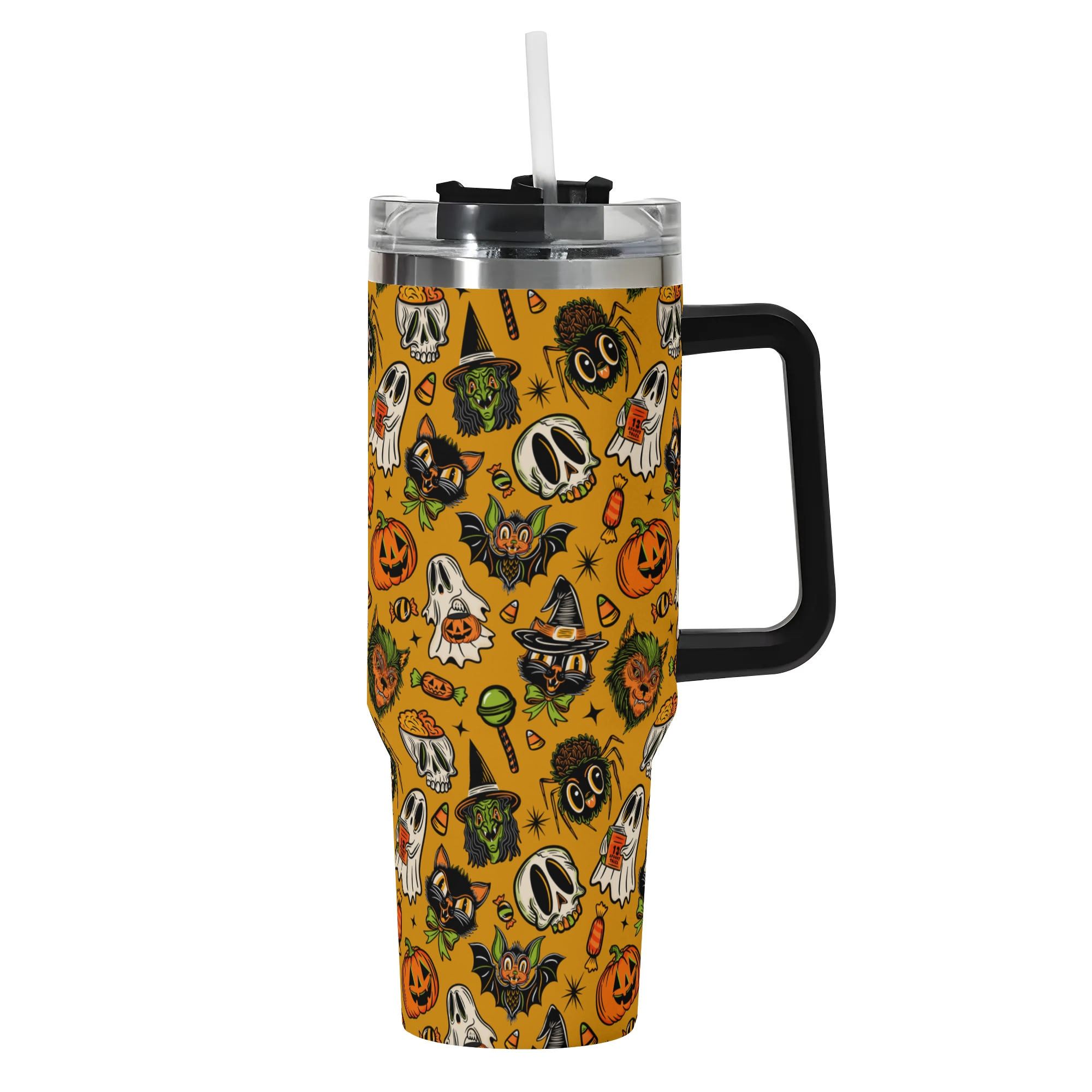 Spooky Season Cute Halloween Creeps Pattern 40oz Stainless Steel Tumbler With Black Handle and Straw