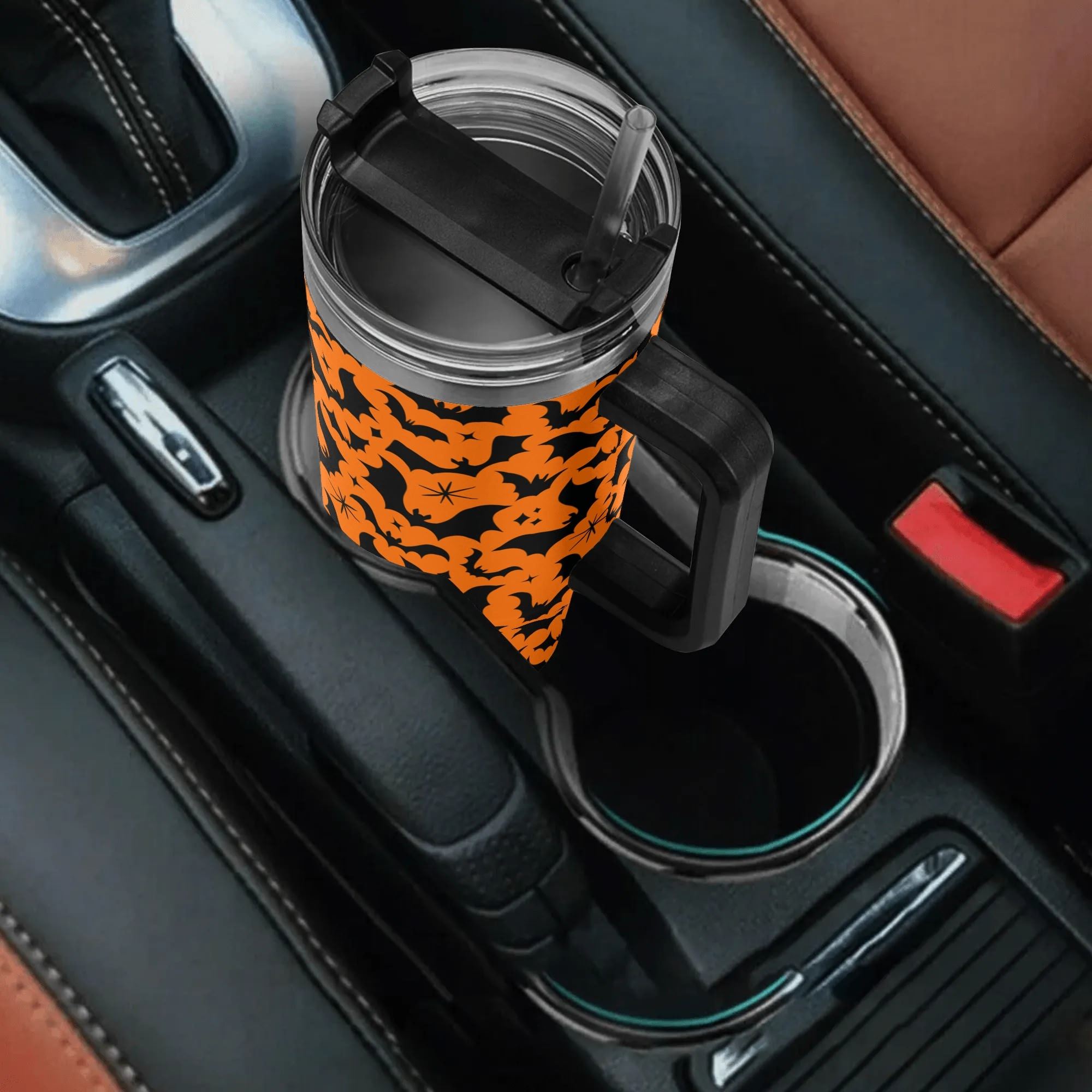 Spooky Season Halloween Gothic Bats Pattern 40oz Stainless Steel Tumbler With Black Handle and Straw