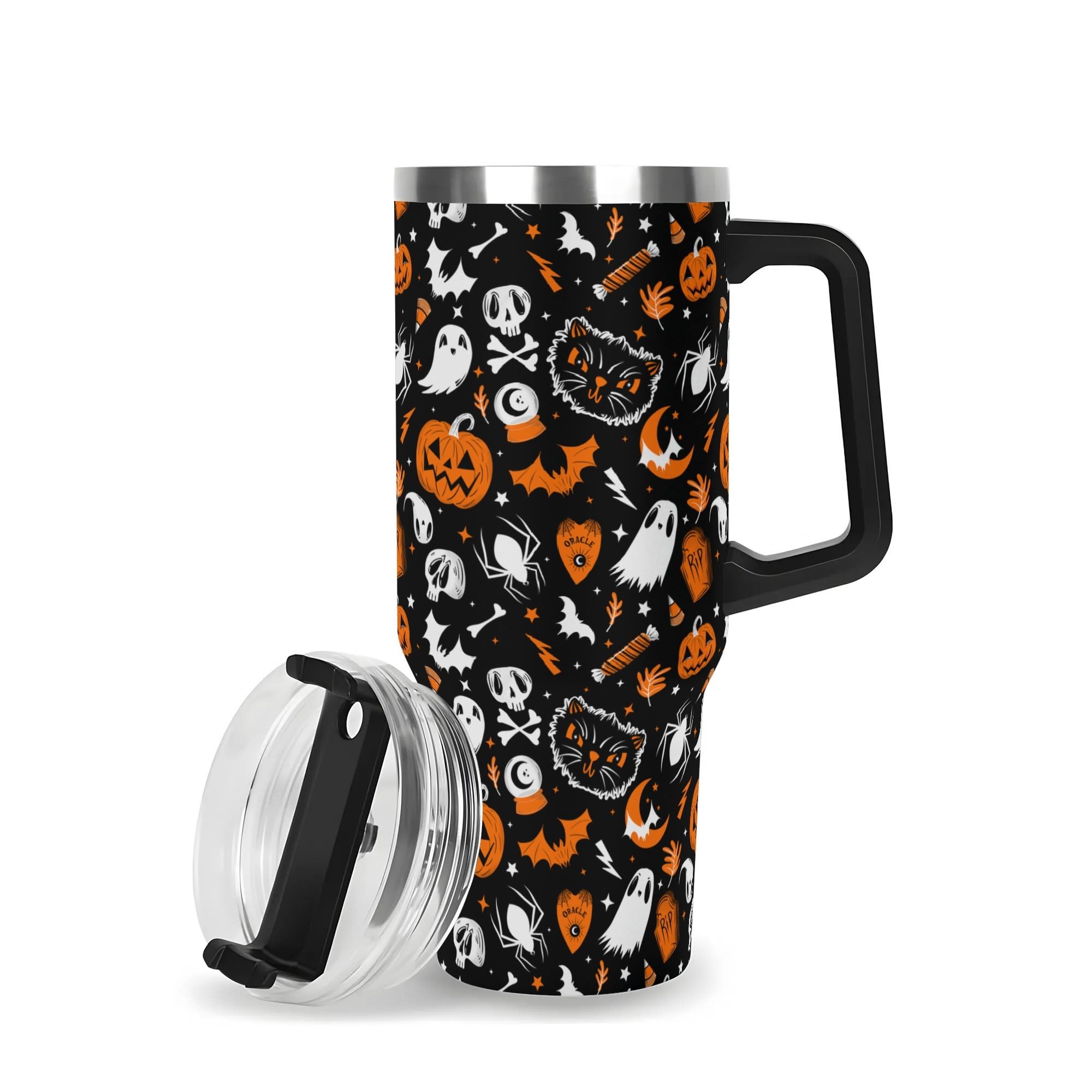 Spooky Season Cute Halloween Skull Ghost Jack-O-Lantern Black Cat Pattern 40oz Stainless Steel Tumbler With Black Handle and Straw