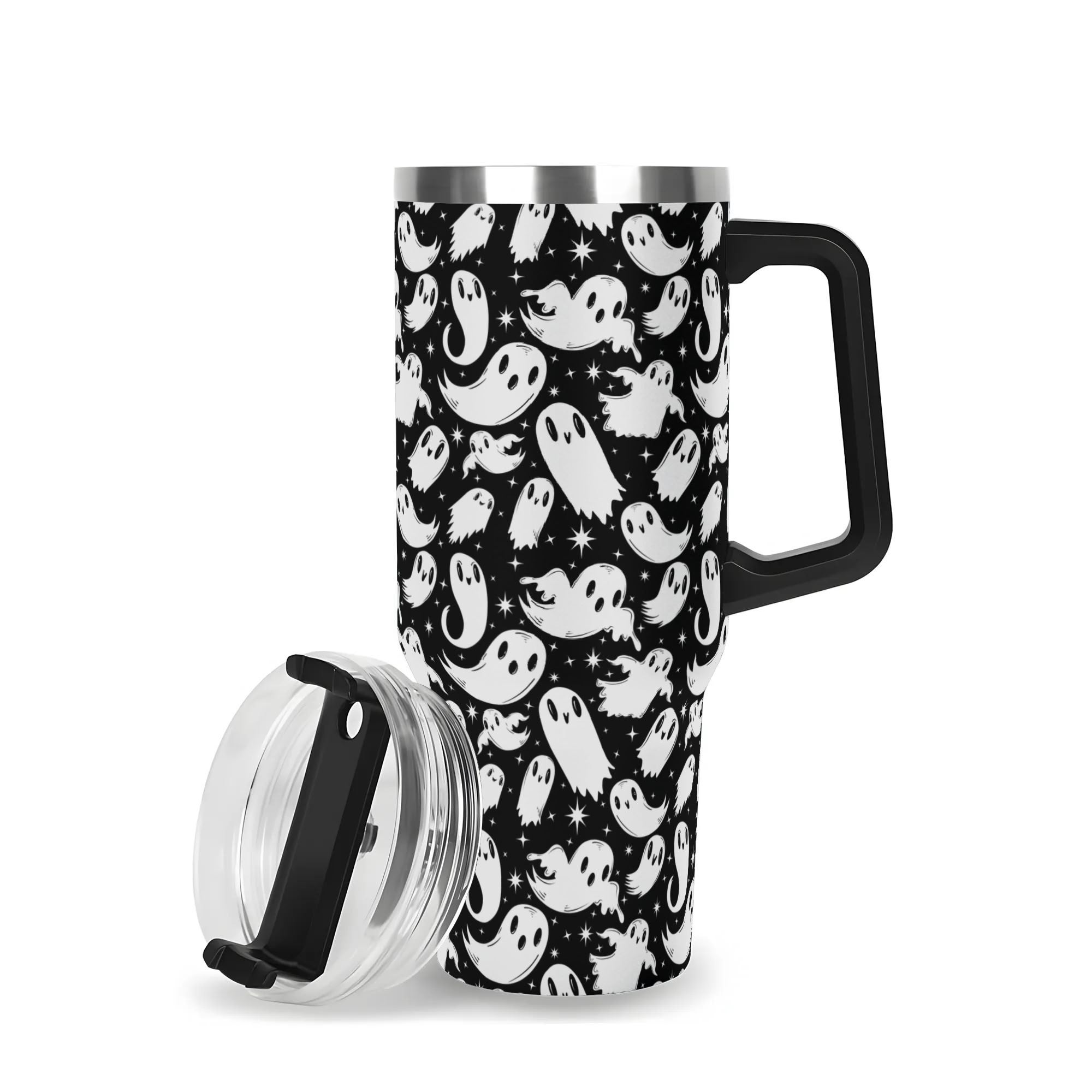 Spooky Season Cute Halloween Ghosties Pattern 40oz Stainless Steel Tumbler With Black Handle and Straw