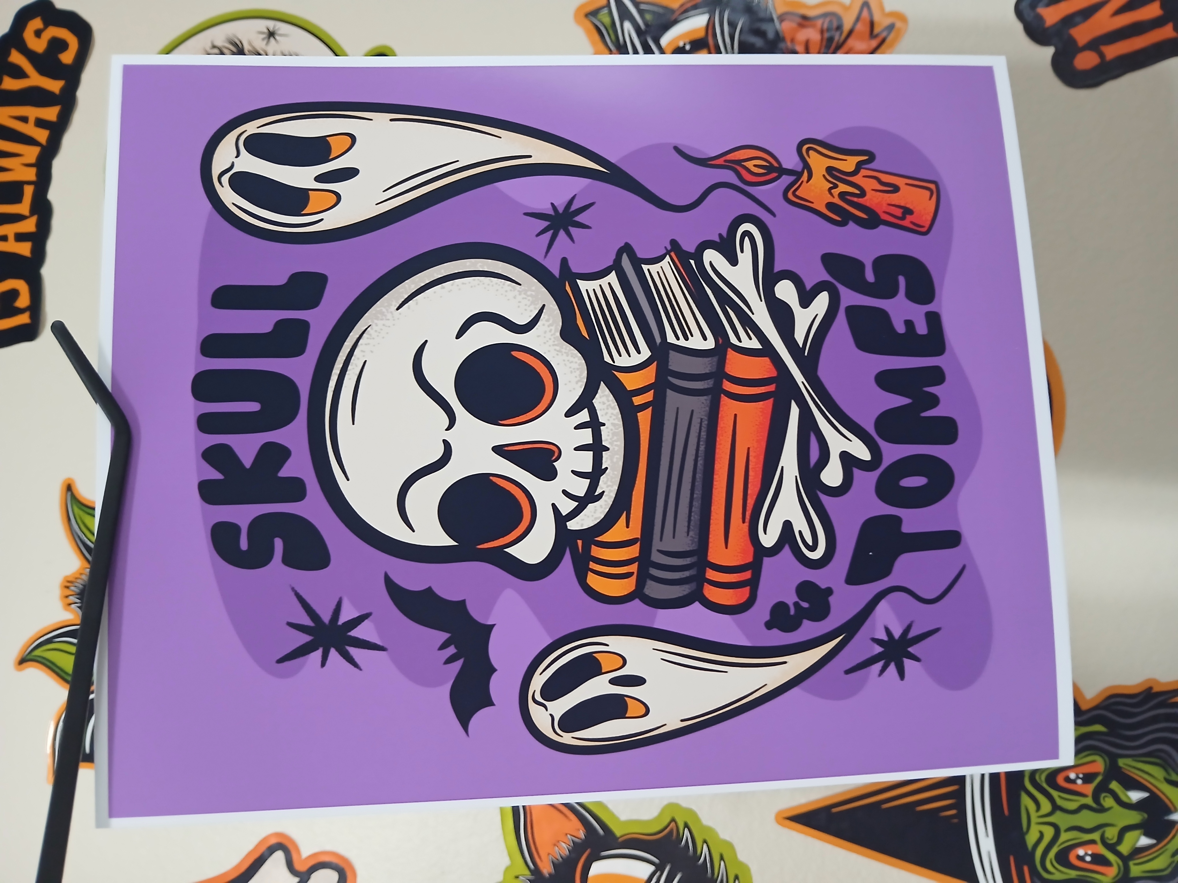 Spooky Bookish Skull Bats Ghosts Halloween Wall Decor Art Print