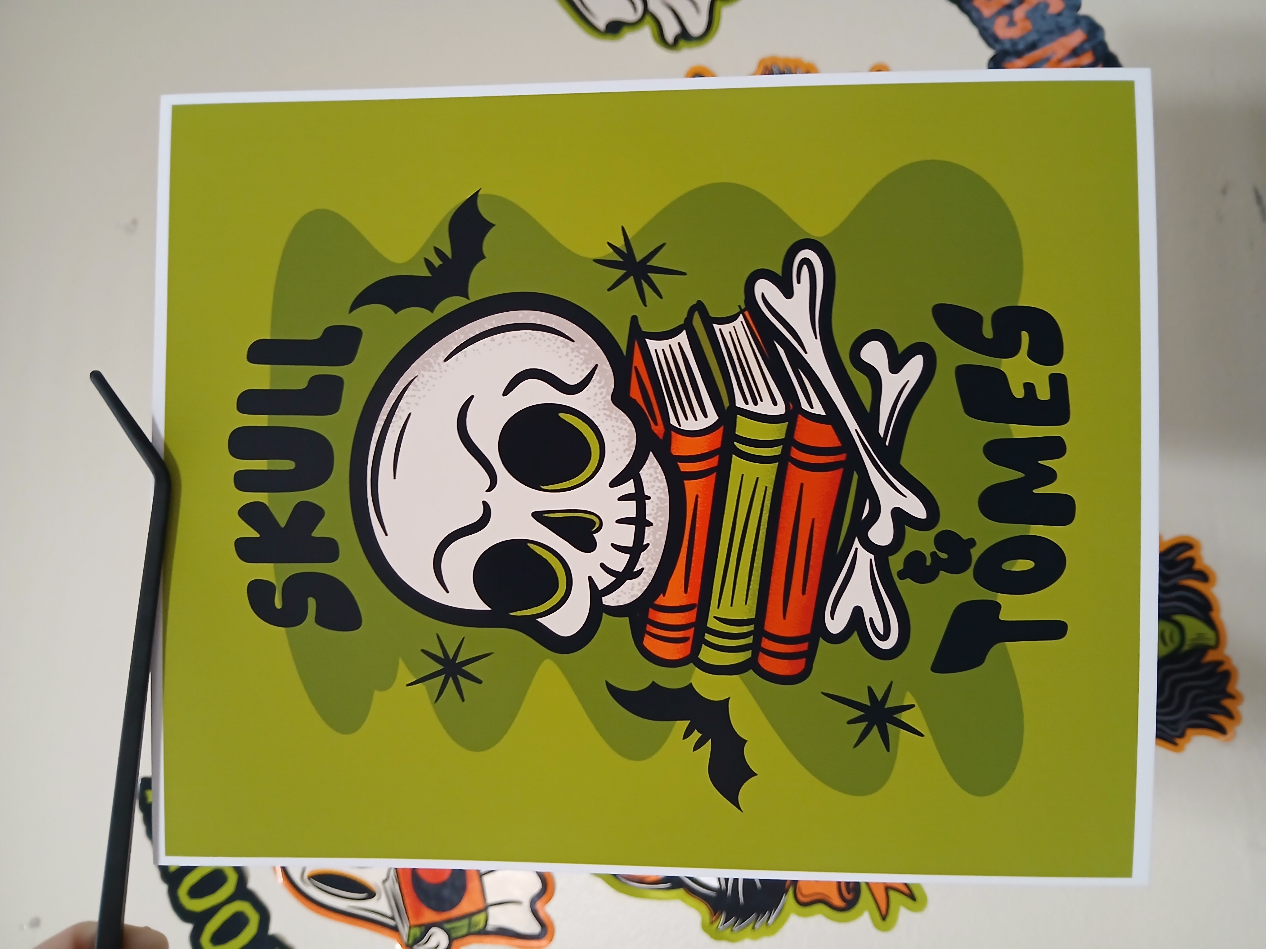 Spooky Bookish Skull Bats Halloween Wall Decor Art Print