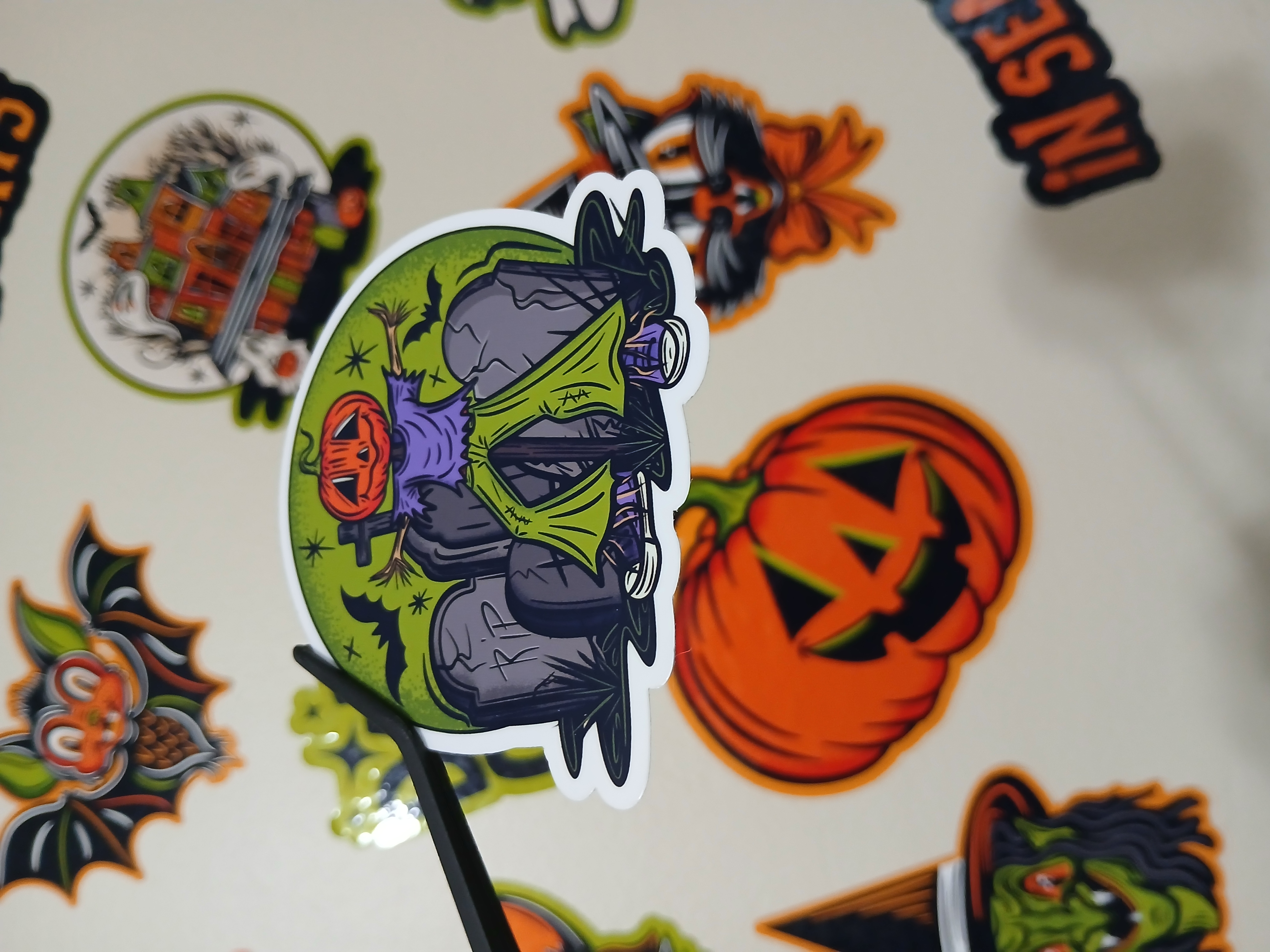 Spooky Cute Halloween Pumpkin Scarecrow, Bats in Cemetery Vinyl Decal Sticker