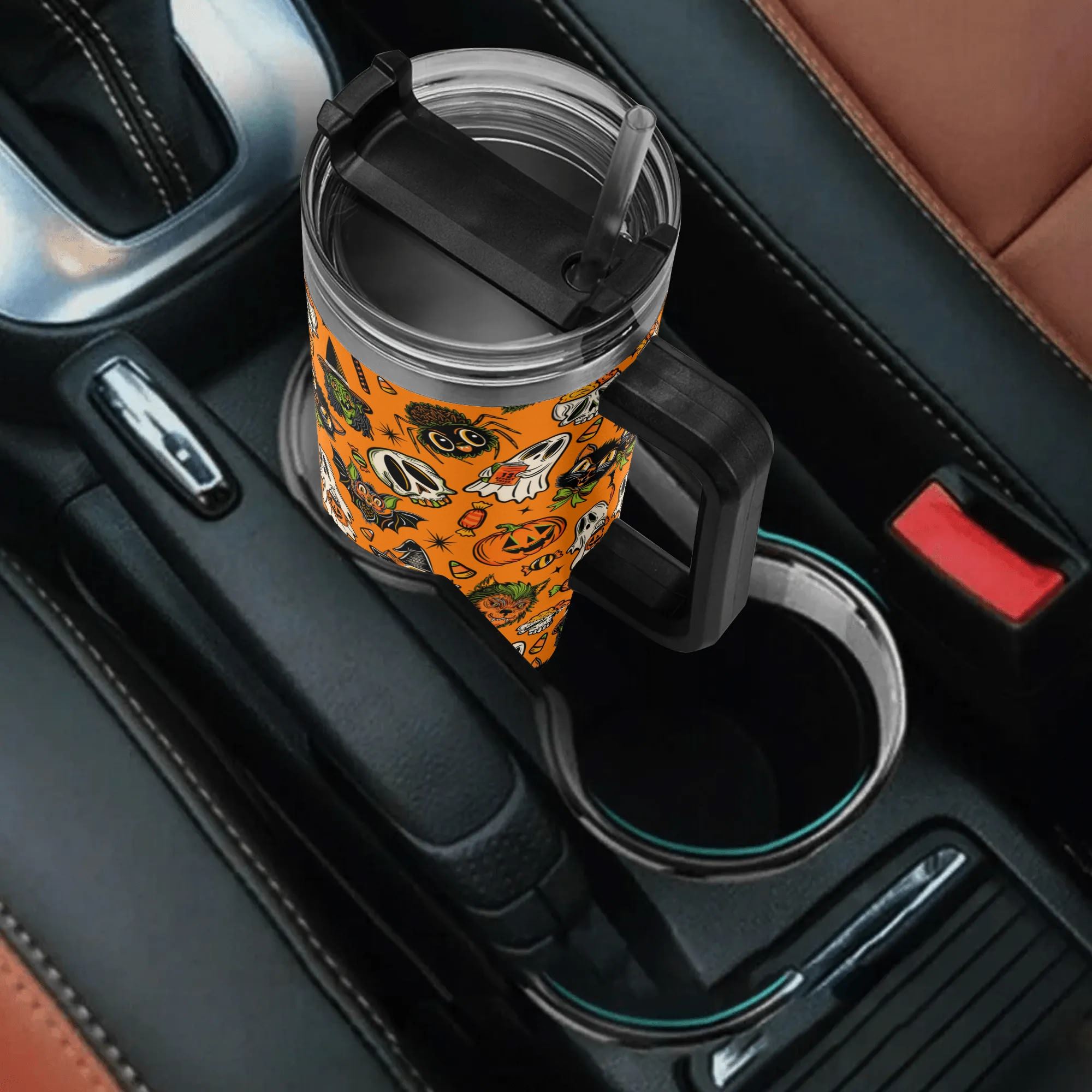Spooky Season Cute Halloween Creeps Pattern 40oz Stainless Steel Tumbler With Black Handle and Straw