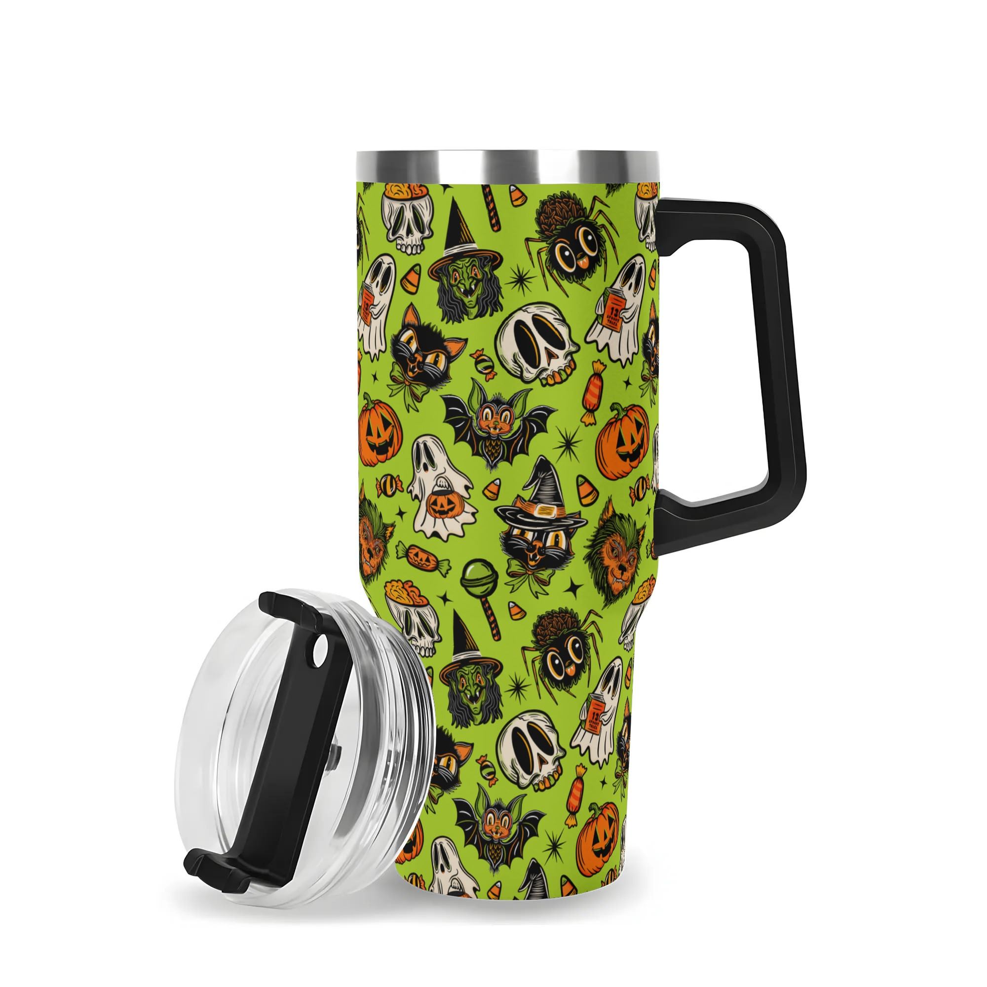 Spooky Season Cute Halloween Creeps Pattern 40oz Stainless Steel Tumbler With Black Handle and Straw