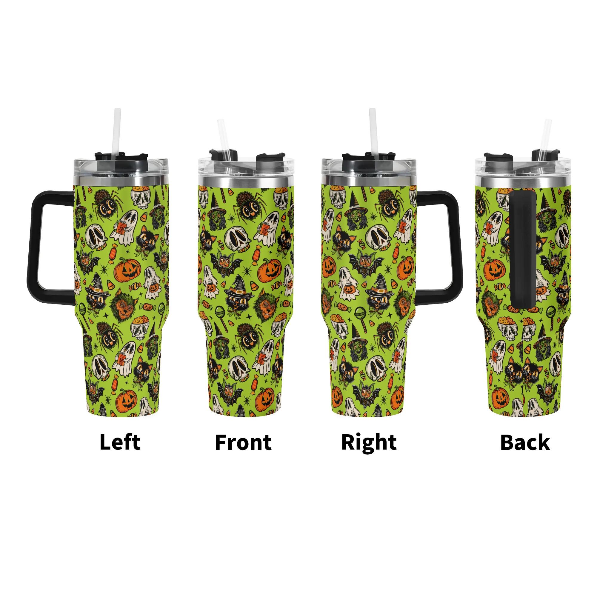 Spooky Season Cute Halloween Creeps Pattern 40oz Stainless Steel Tumbler With Black Handle and Straw