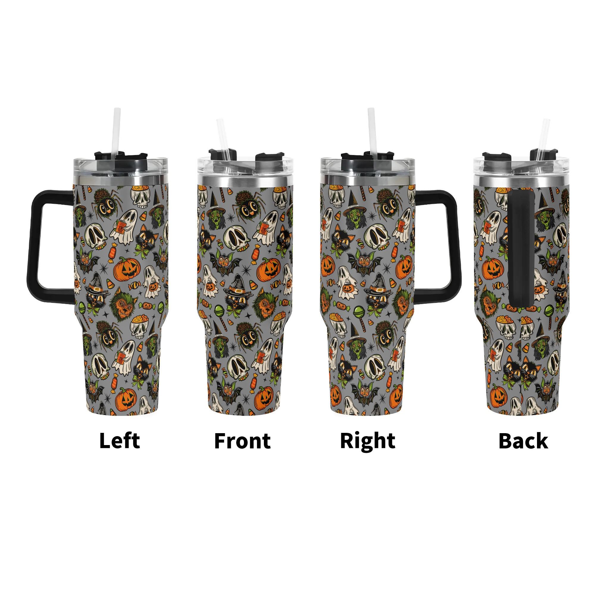 Spooky Season Cute Halloween Creeps Pattern 40oz Stainless Steel Tumbler With Black Handle and Straw