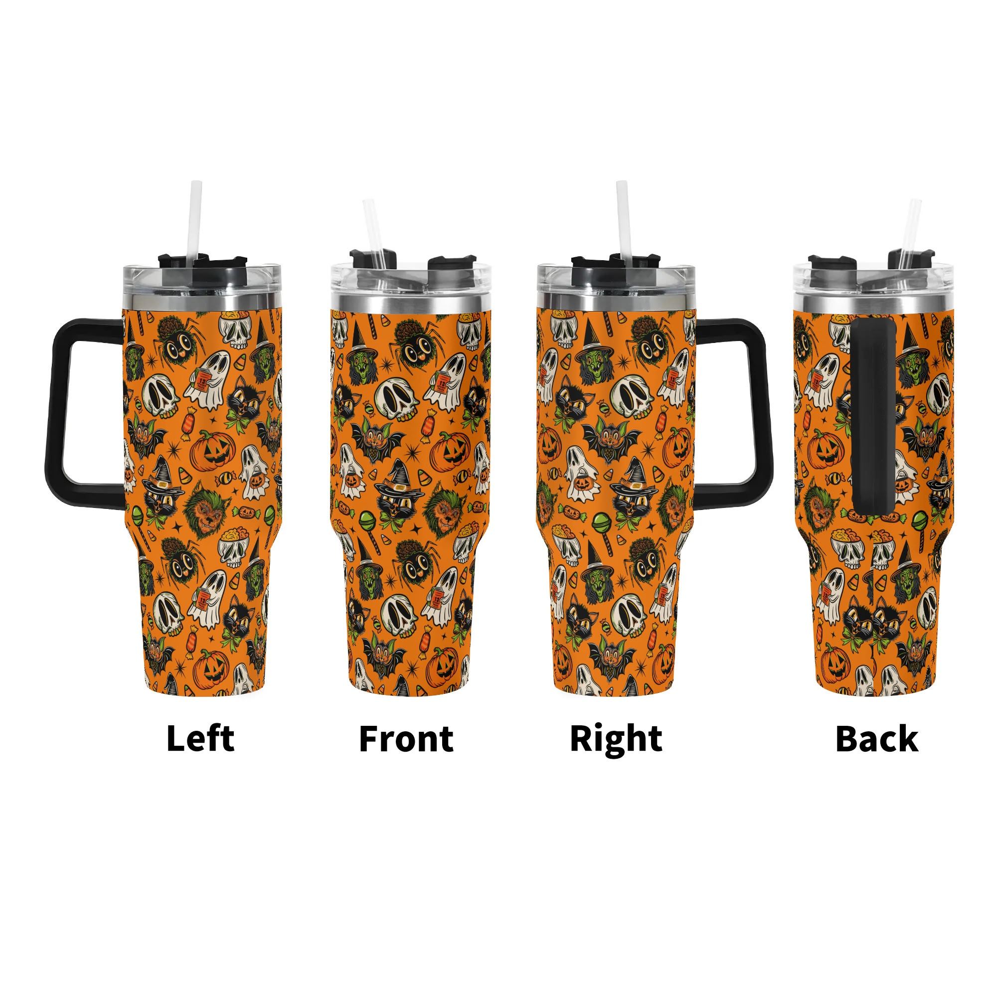 Spooky Season Cute Halloween Creeps Pattern 40oz Stainless Steel Tumbler With Black Handle and Straw