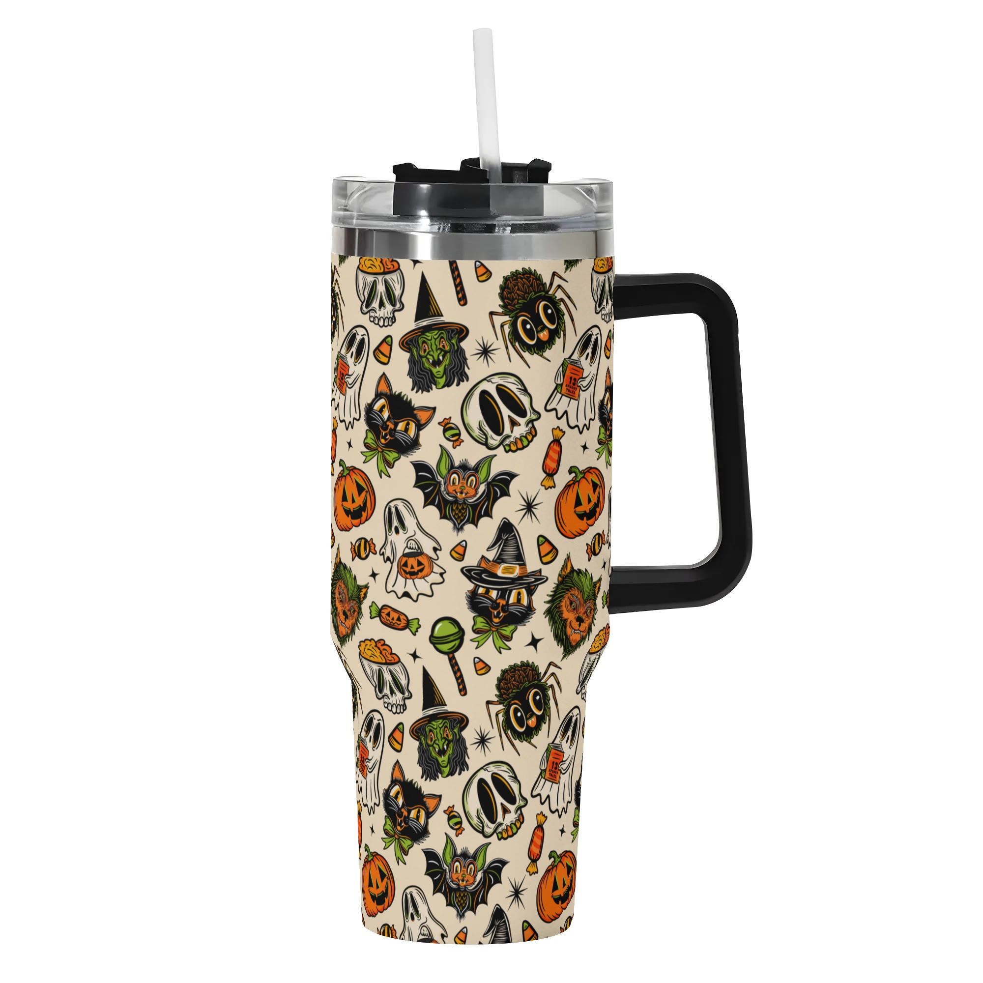 Spooky Season Cute Halloween Creeps Pattern 40oz Stainless Steel Tumbler With Black Handle and Straw