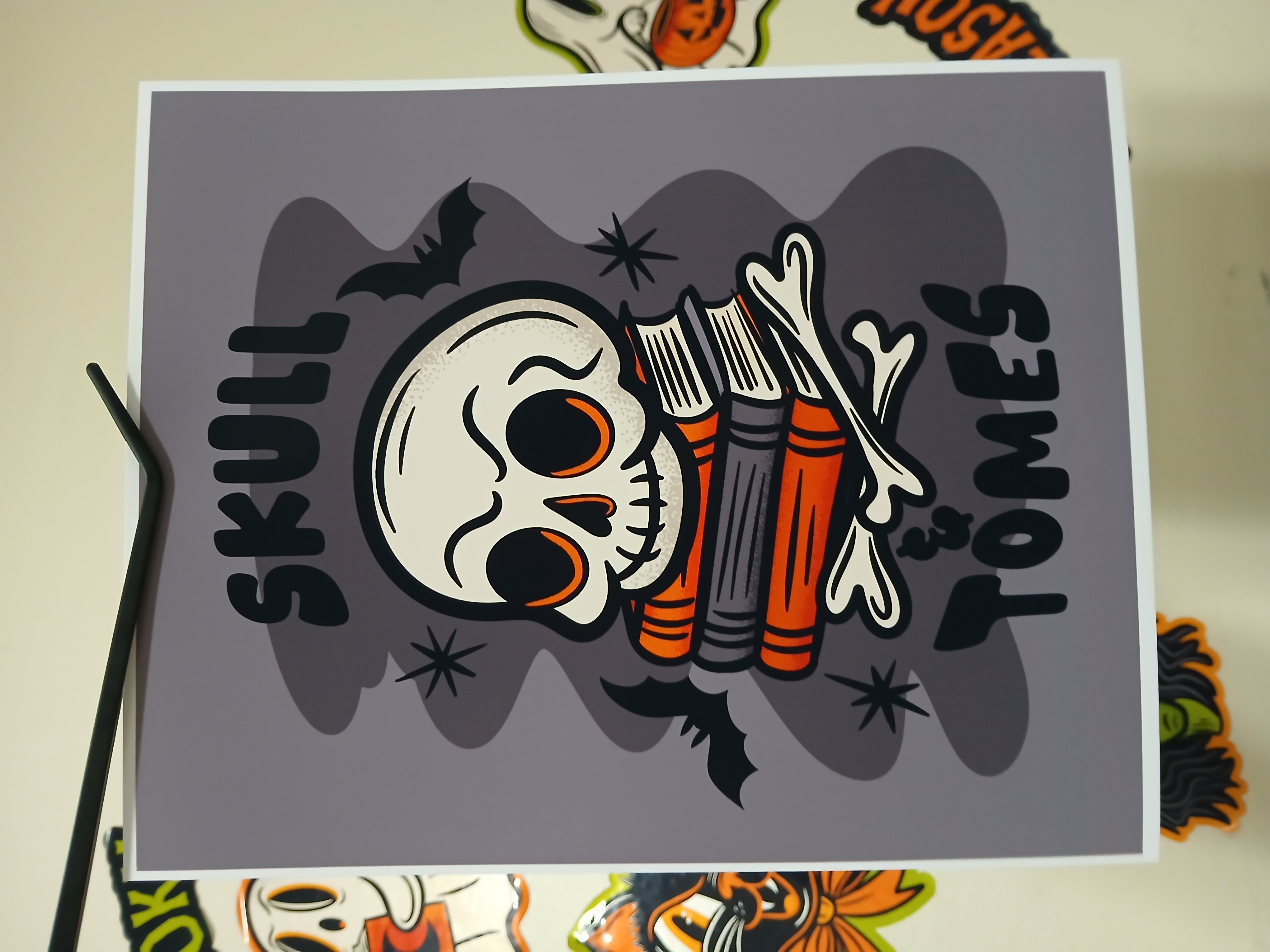 Spooky Bookish Skull Bats Halloween Wall Decor Art Print