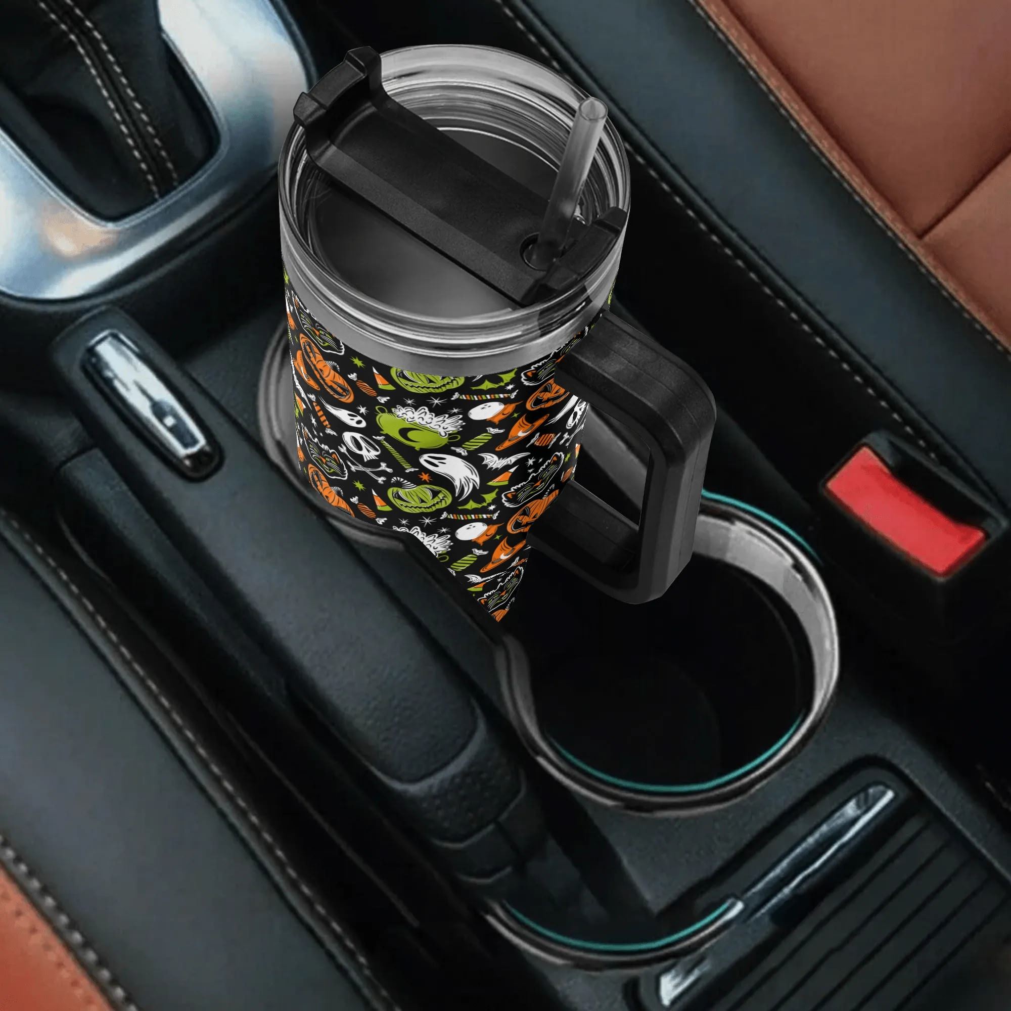 Spooky Season Cute Halloween Creeps Pattern 40oz Stainless Steel Tumbler With Black Handle and Straw