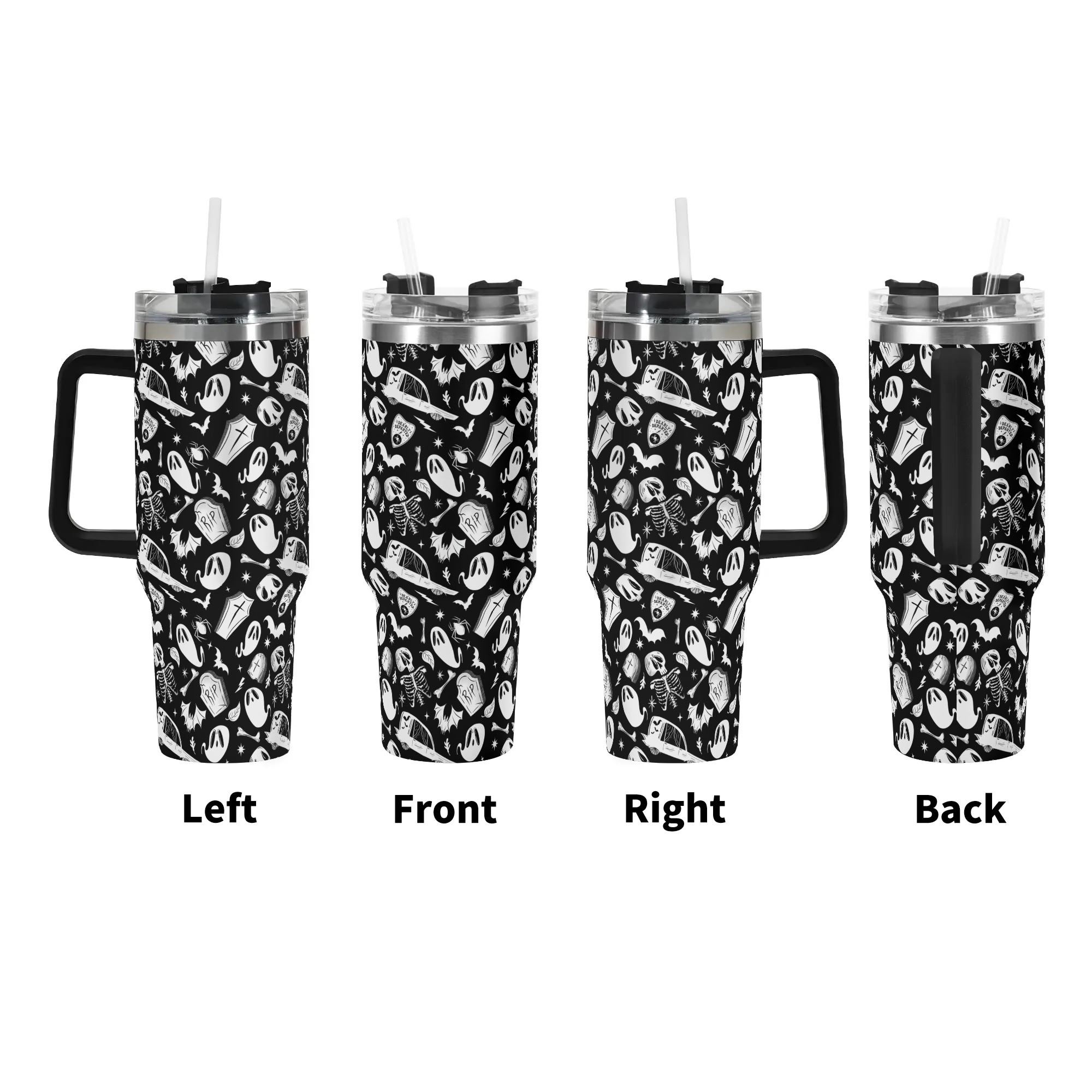Spooky Season Cute Halloween Skeleton Hearse Pattern 40oz Stainless Steel Tumbler With Black Handle and Straw