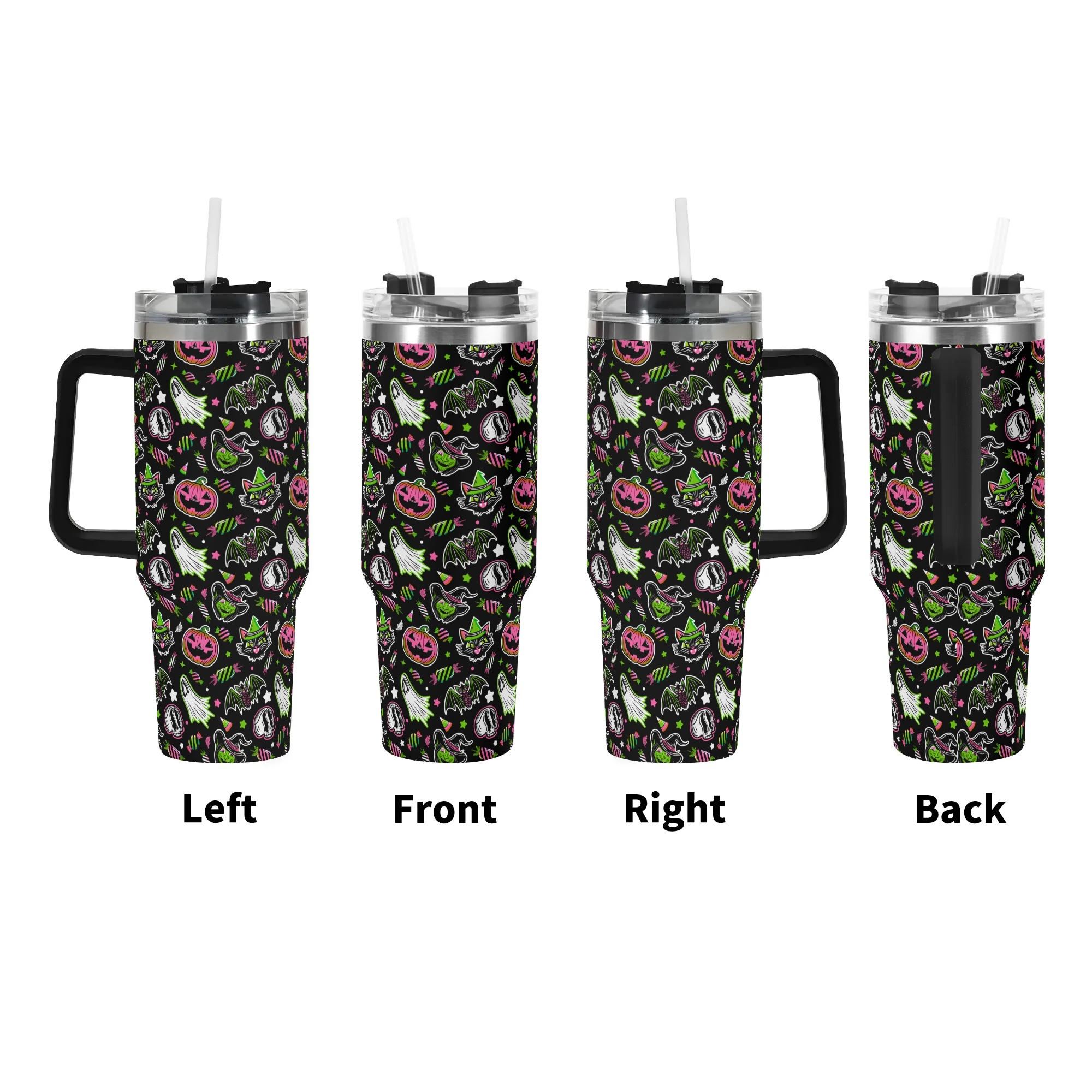 Spooky Season Cute Halloween Creeps Pattern 40oz Stainless Steel Tumbler With Black Handle and Straw