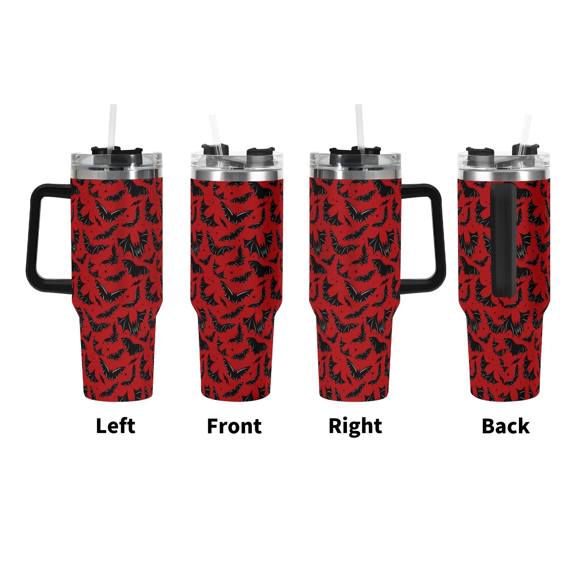 Spooky Season Halloween Gothic Bats Pattern 40oz Stainless Steel Tumbler With Black Handle and Straw