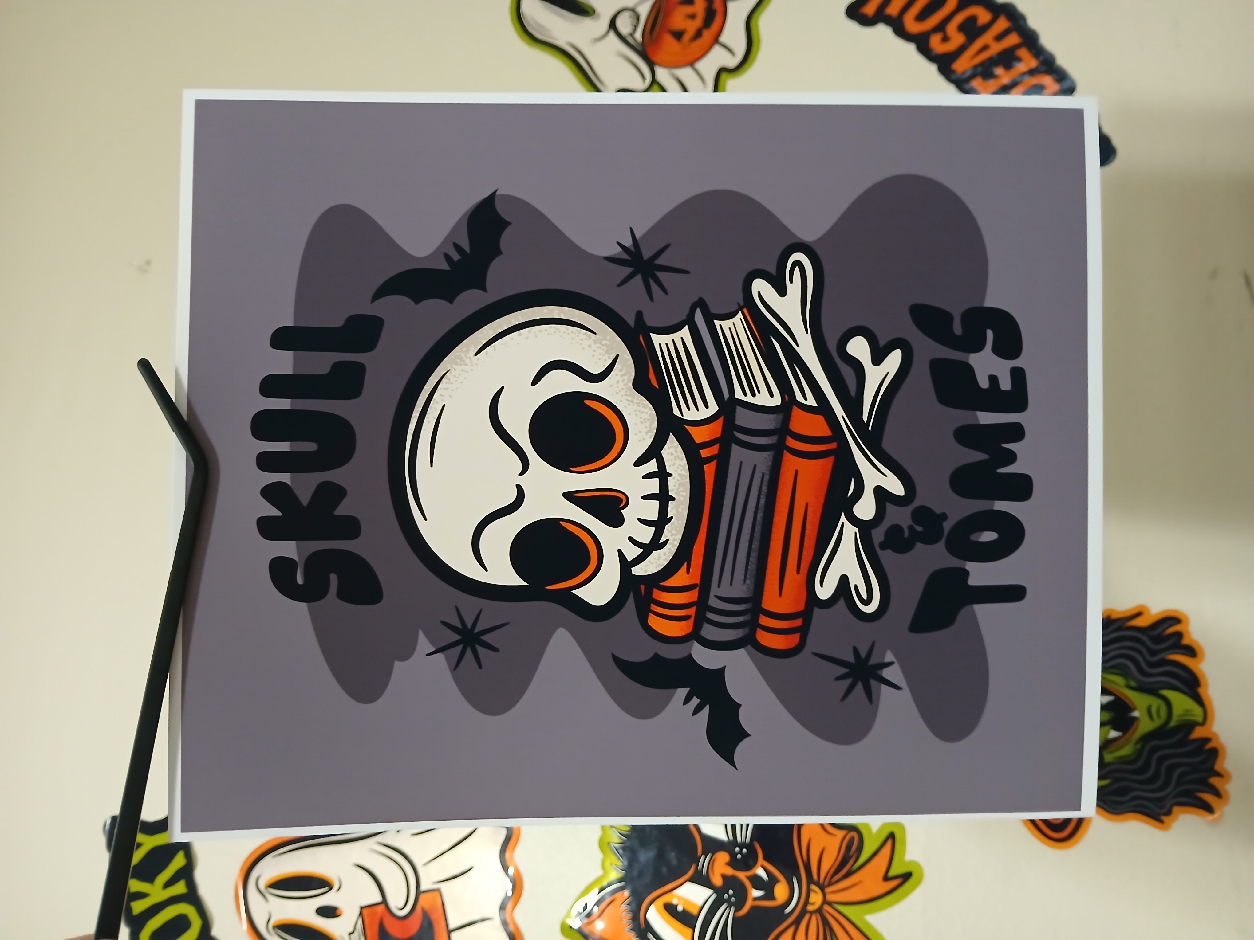 Spooky Bookish Skull Bats Halloween Wall Decor Art Print