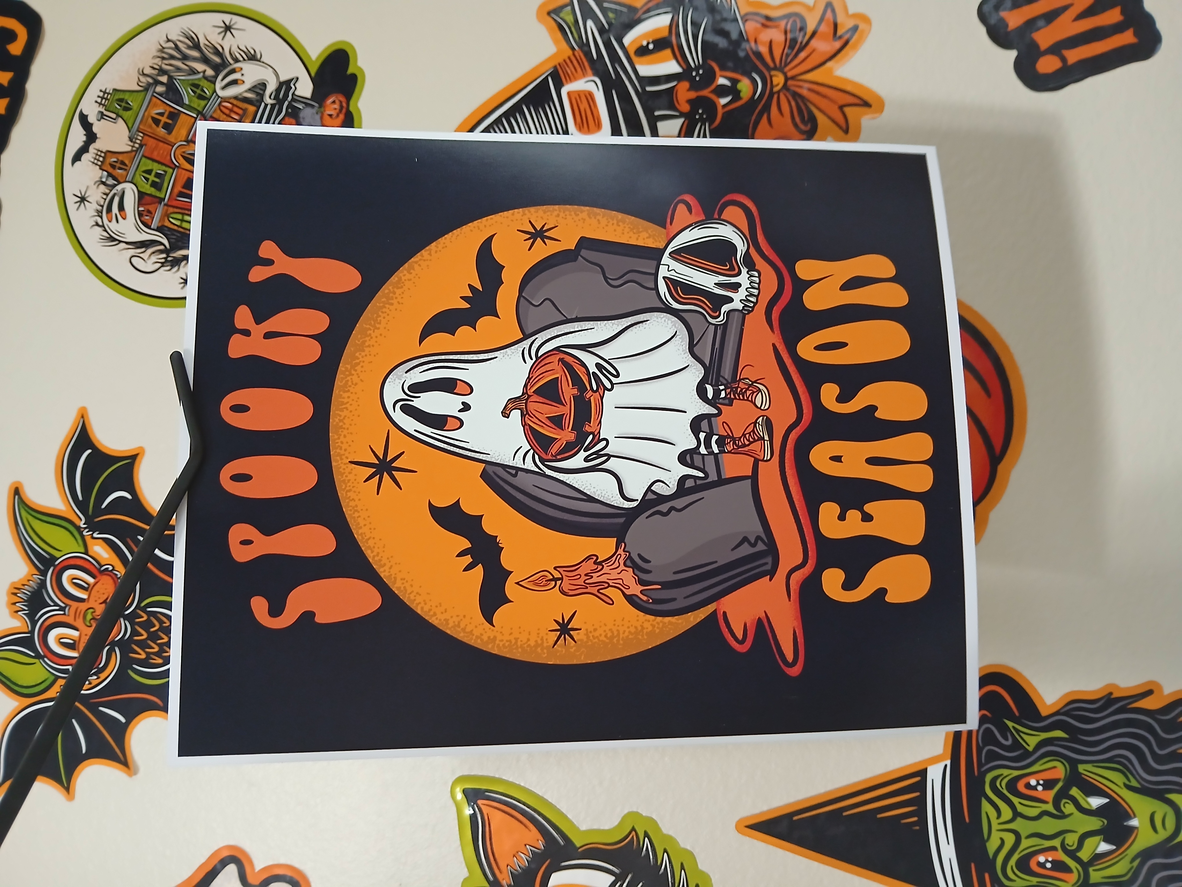 Spooky Season Sheet Ghost Holding Jack-O-Lantern in Cemetery Halloween Wall Decor Art Print