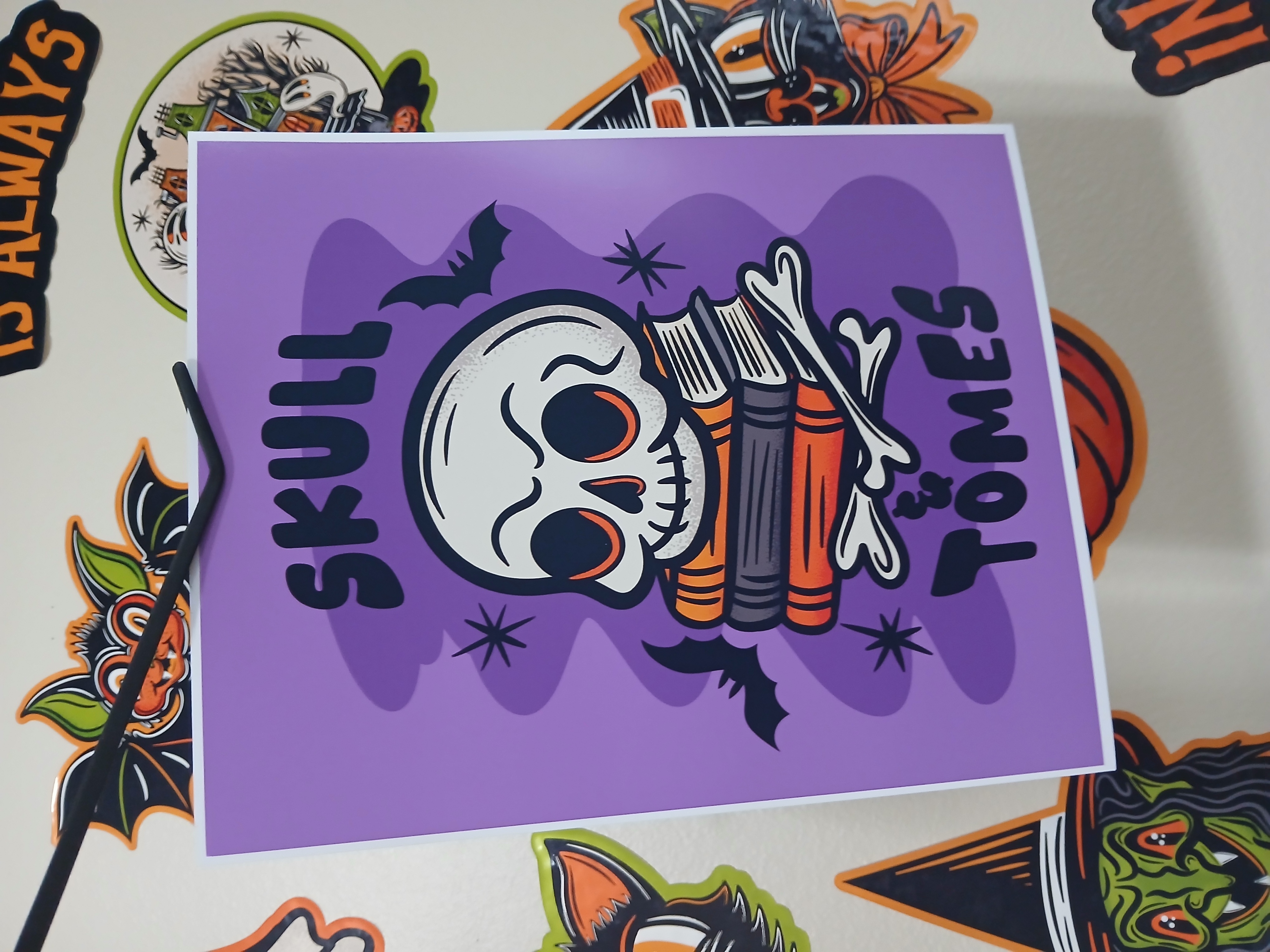 Spooky Bookish Skull Bats Halloween Wall Decor Art Print