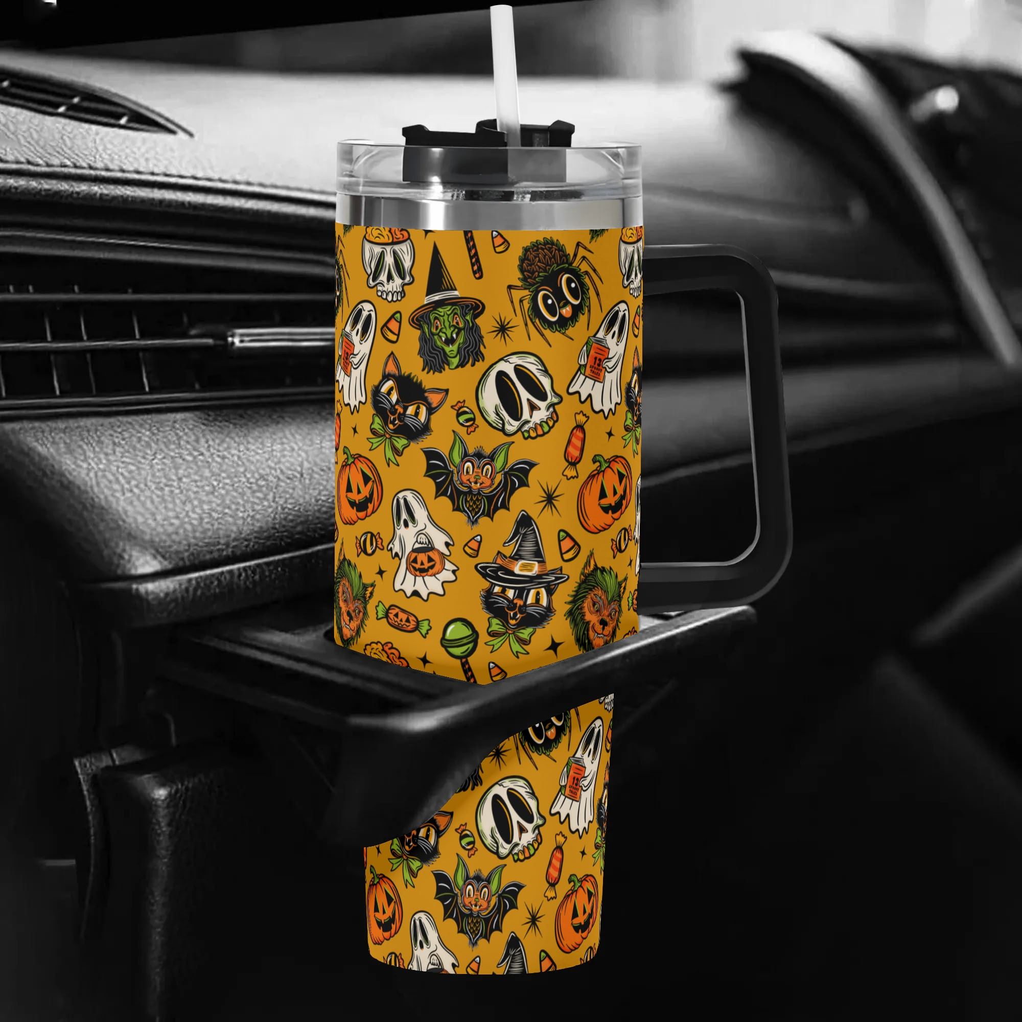 Spooky Season Cute Halloween Creeps Pattern 40oz Stainless Steel Tumbler With Black Handle and Straw