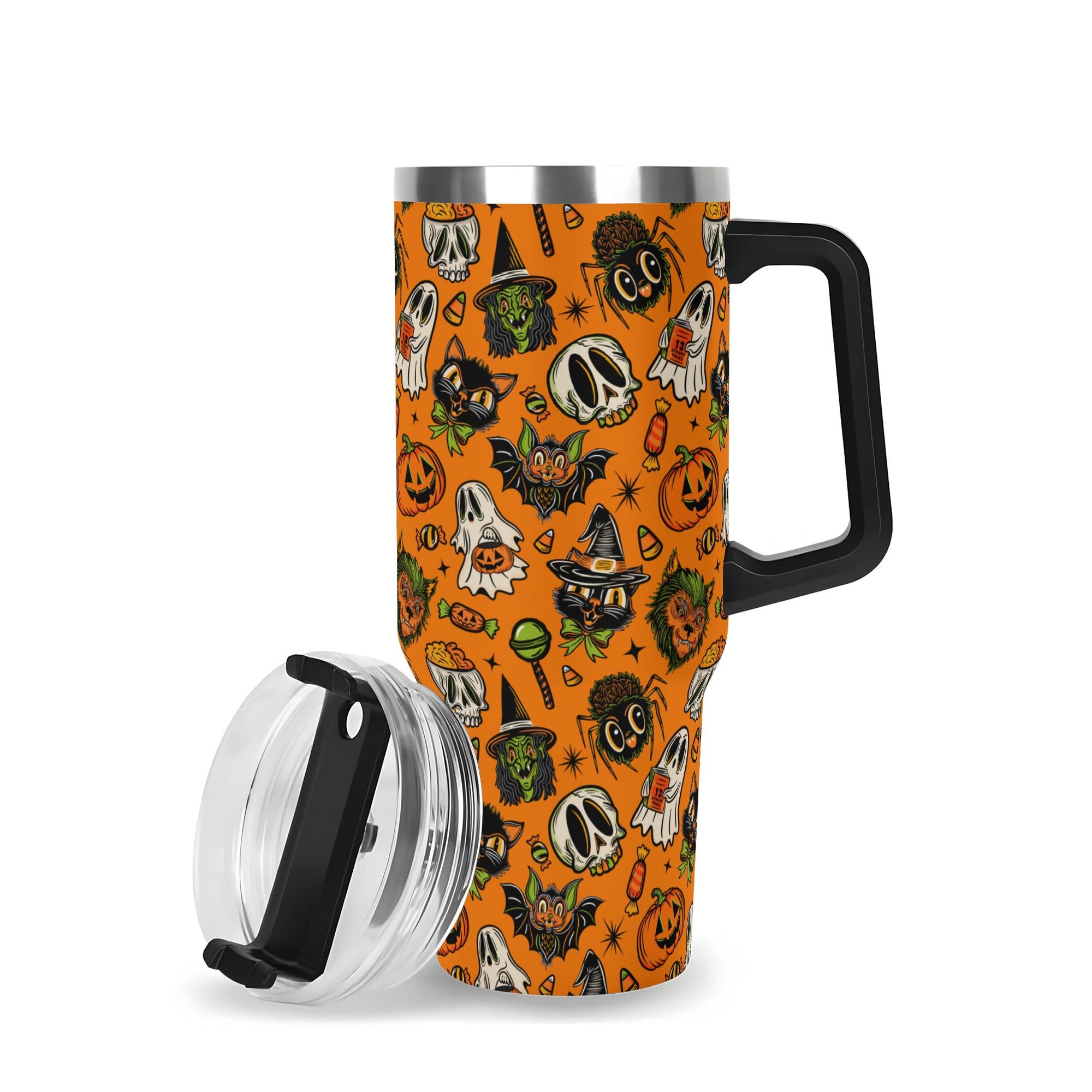 Spooky Season Cute Halloween Creeps Pattern 40oz Stainless Steel Tumbler With Black Handle and Straw