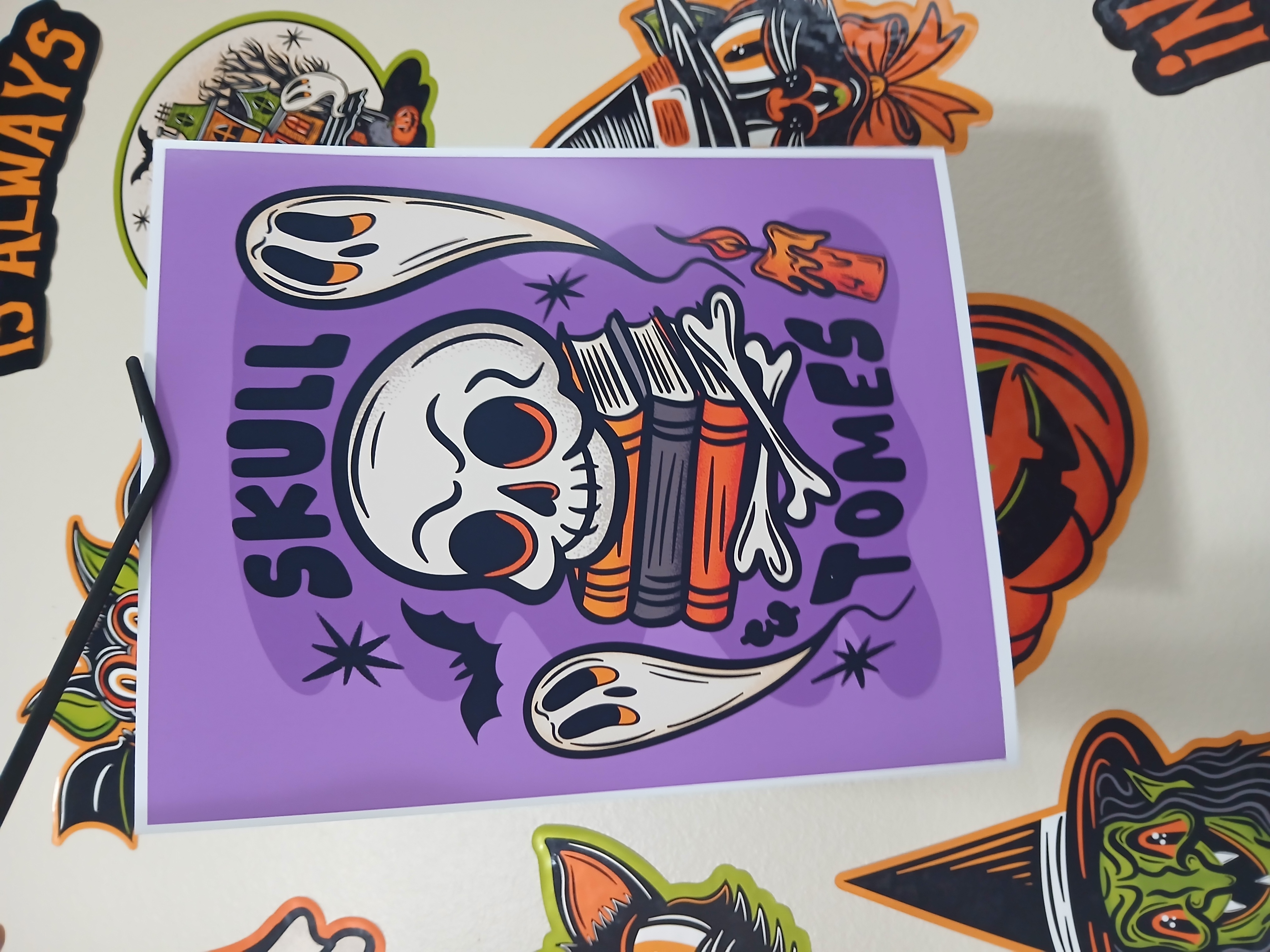Spooky Bookish Skull Bats Ghosts Halloween Wall Decor Art Print