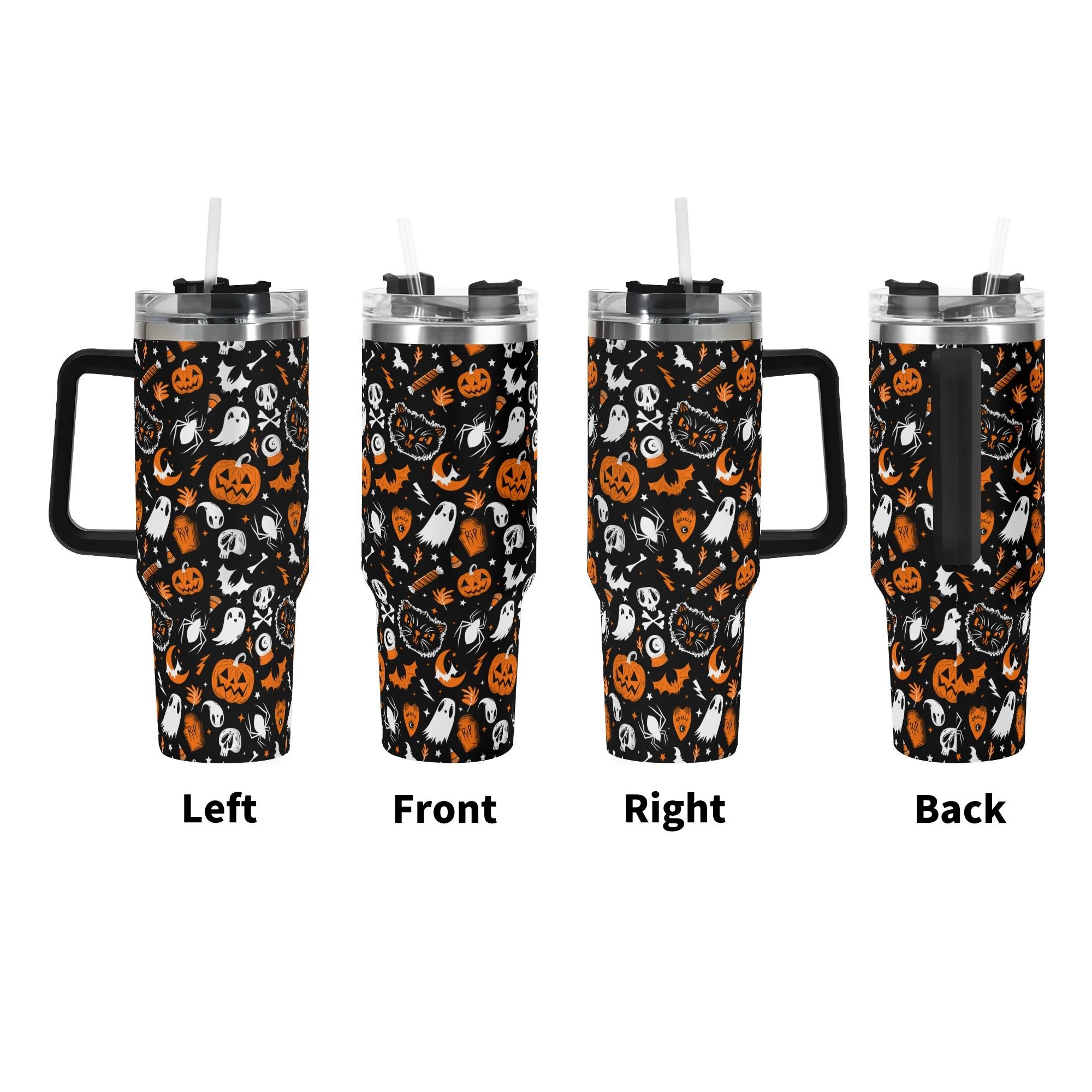 Spooky Season Cute Halloween Skull Ghost Jack-O-Lantern Black Cat Pattern 40oz Stainless Steel Tumbler With Black Handle and Straw