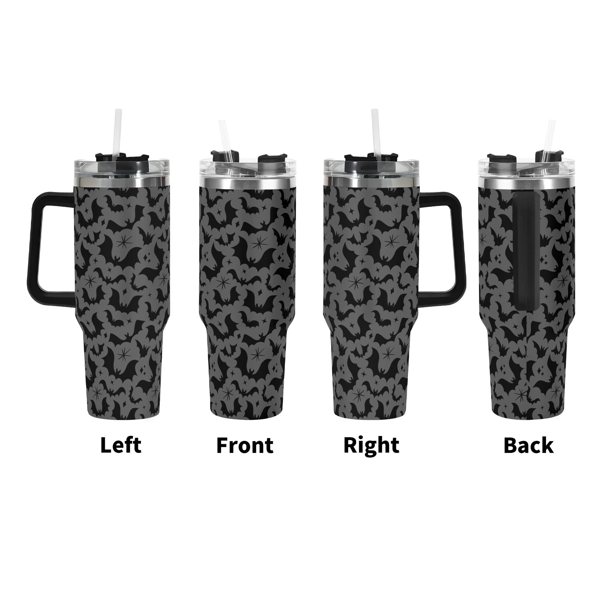 Spooky Season Halloween Gothic Bats Pattern 40oz Stainless Steel Tumbler With Black Handle and Straw