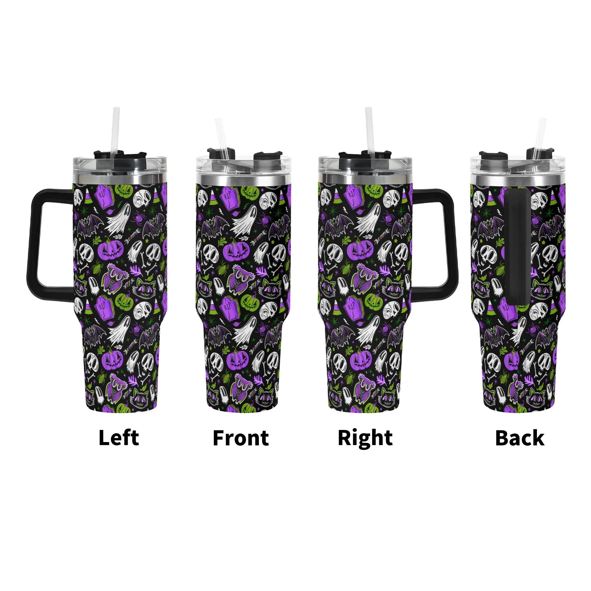 Spooky Season Cute Halloween Skull Ghost Jack-O-Lantern Pattern 40oz Stainless Steel Tumbler With Black Handle and Straw