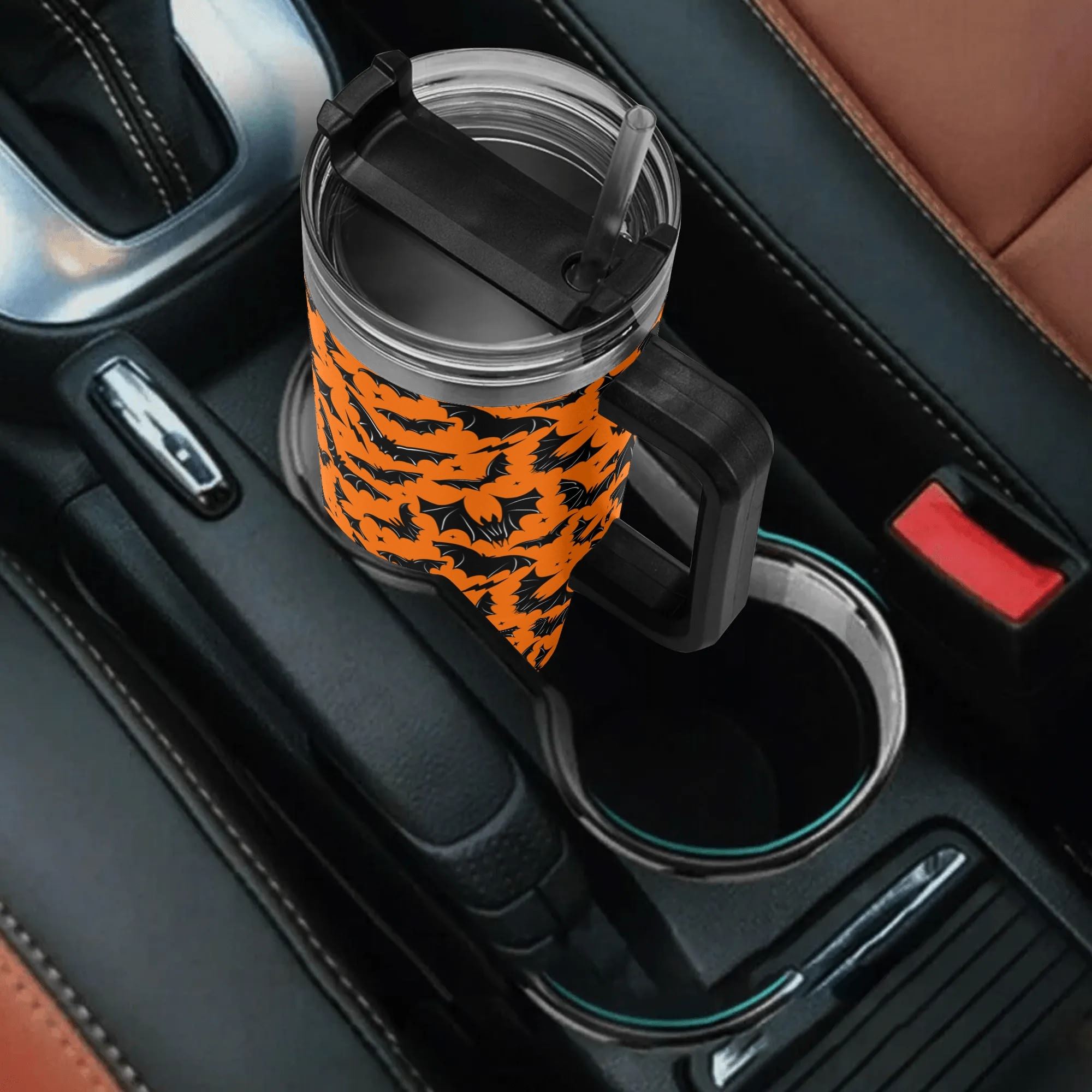 Spooky Season Halloween Gothic Bats Pattern 40oz Stainless Steel Tumbler With Black Handle and Straw