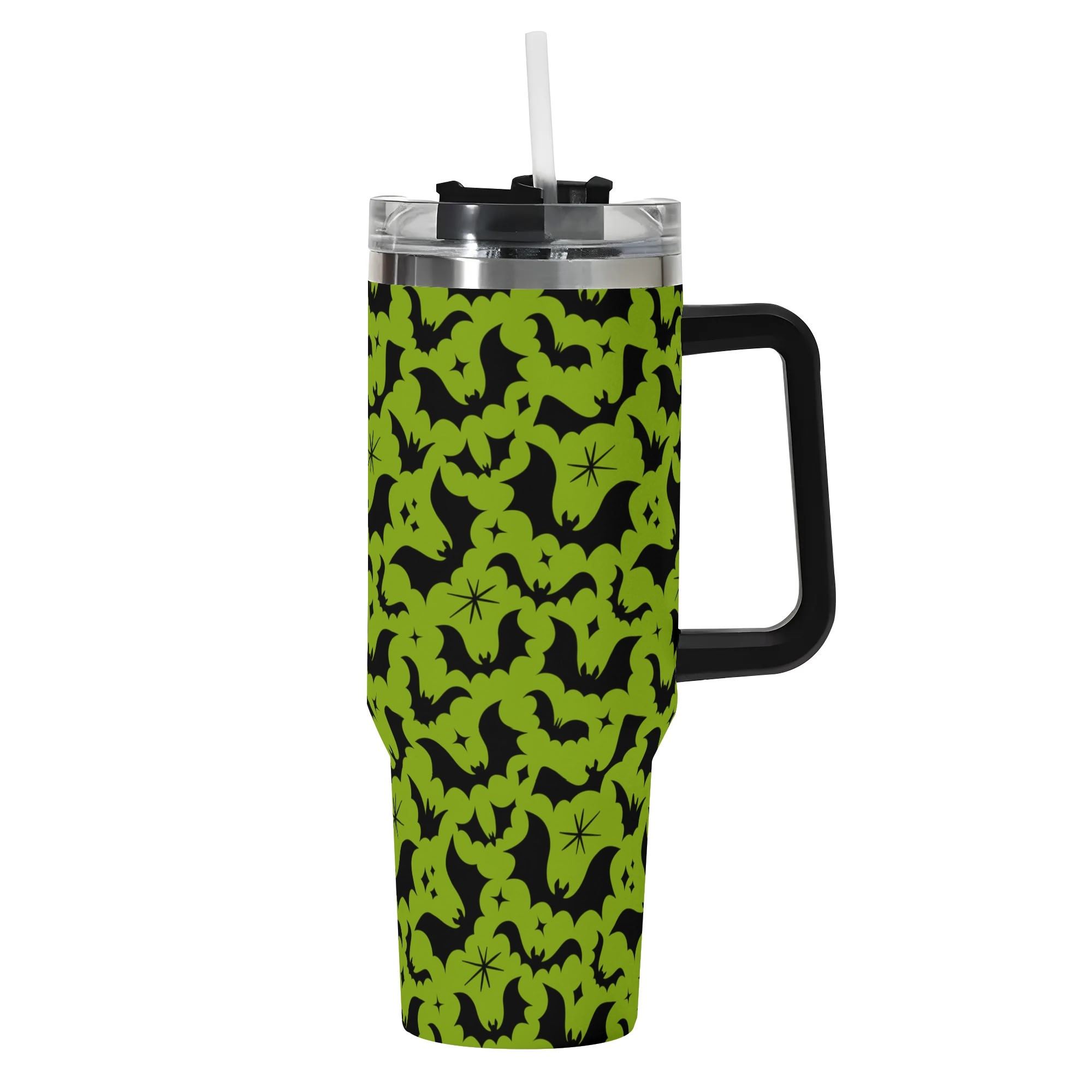 Spooky Season Halloween Gothic Bats Pattern 40oz Stainless Steel Tumbler With Black Handle and Straw