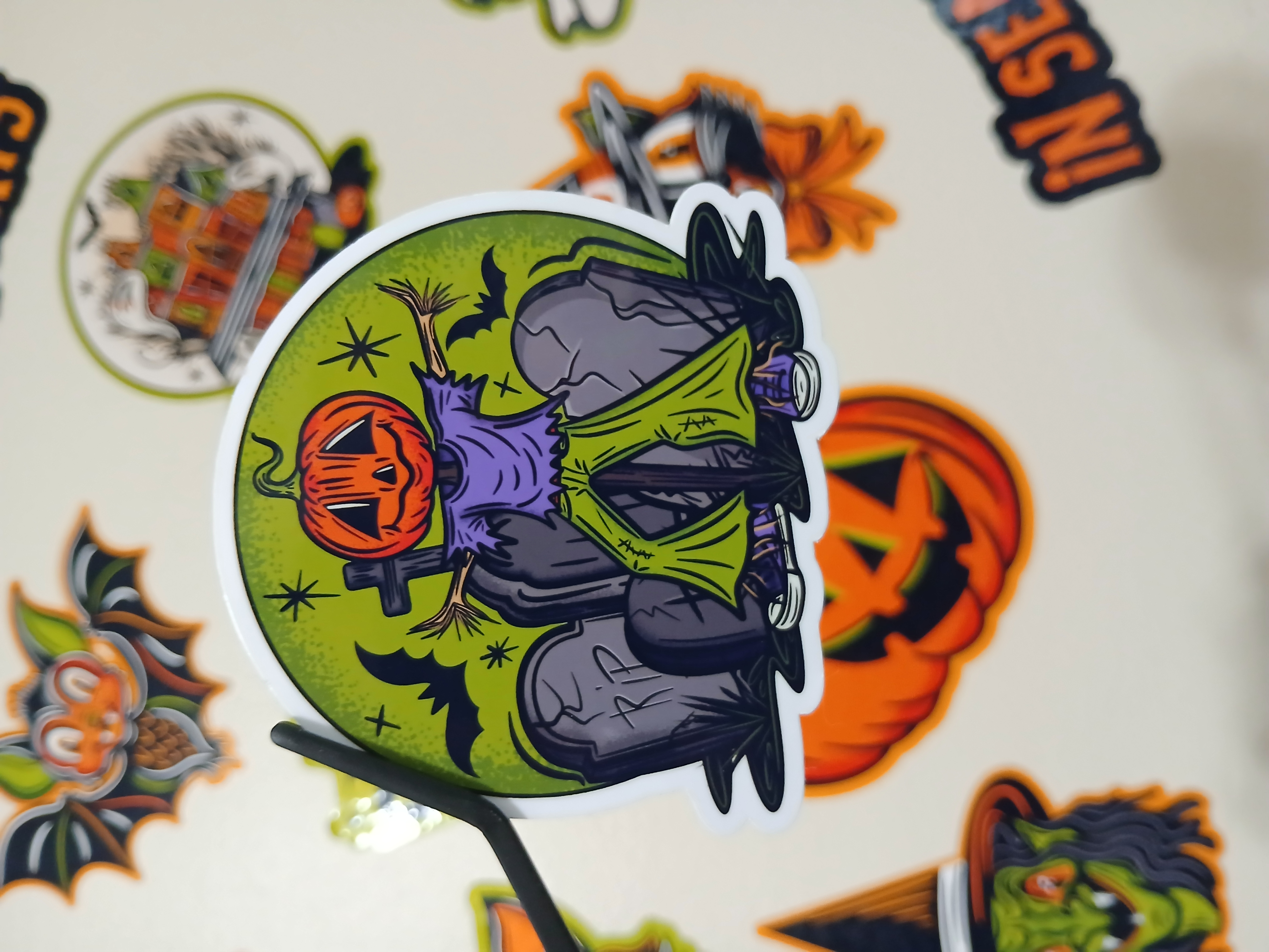 Spooky Cute Halloween Pumpkin Scarecrow, Bats in Cemetery Vinyl Decal Sticker